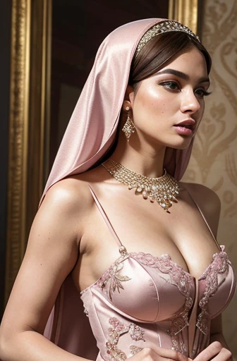 1. Masterpiece: 1.5, Gorgeous High-Class Arab Woman in Pink Hijab (iu:0.9), Masterpiece, Elegant Posture, Luxurious Silk Dress, Intricate Lace and Portraits, Reveling Curves, Daringly Unsupported Breasts, Silk Dress Crafted with Brushstrokes of Luxury, Jewels, Flawless Hairdo, Opulent Background
This masterpiece showcases a glamorous and sophisticated young woman in a pink hijab, belonging to a high-class society. She elegantly showcases her beauty in a luxurious silk dress, adorned with exquisite lace