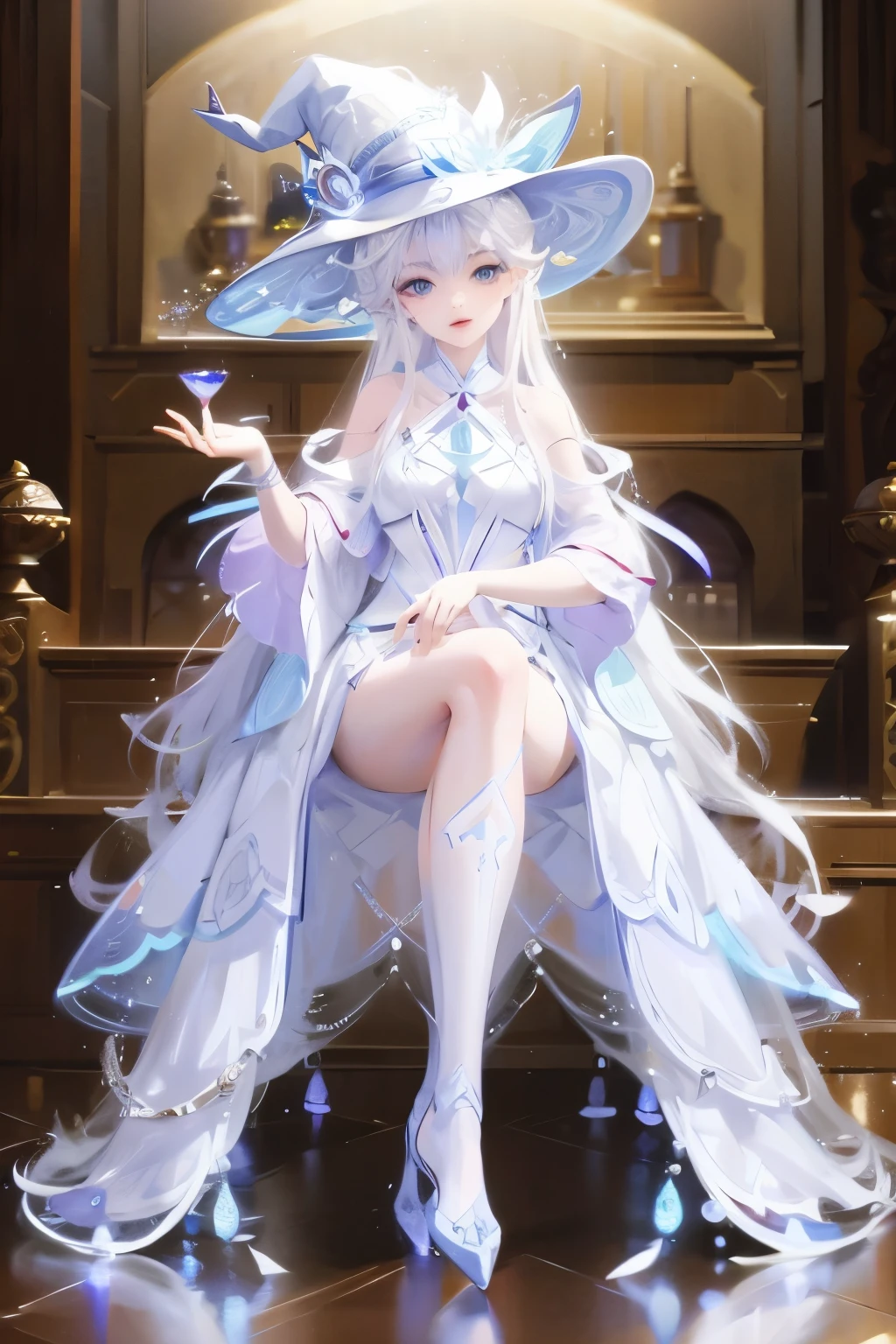 1 Girl, Become a, masterpiece, , goddess,White witch hat,sit