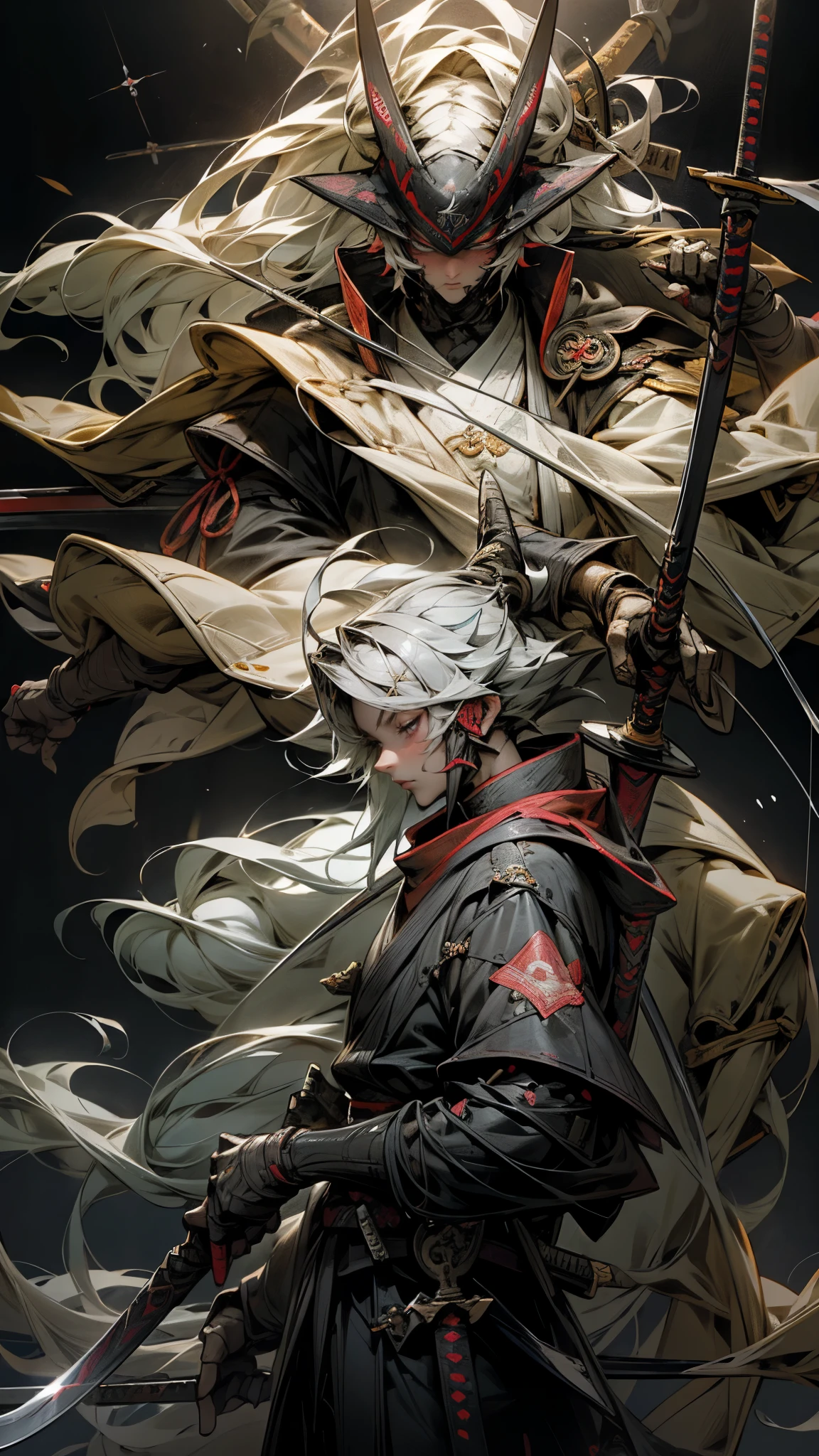 a person with super long platinum hair standing in a field with a rifle, a magic fishing rod weapon, many floating swords, a ninja with a water wave katana, sharp Final fantasy 14, awakened samurai, holding a scythe, a robot with fishing rod, giant scythe, dark ninja Shinobi wielding a naginata, wandering samurai man, playable cart, toad samurai, white mask.lolita. sekiro.Tenchu.Ghost.Samurai shodown.onimusha.Tsushima.Damon blade.Detailed devil mask.
