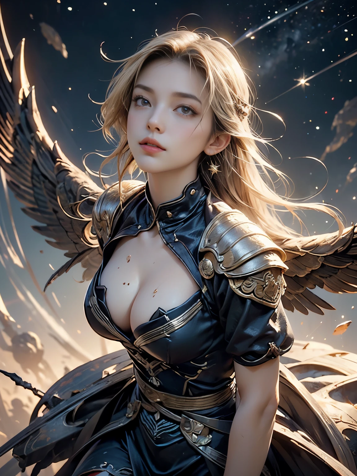 Zerg Queen Beautiful Girl: Ranlinger, 18 years old, (valkyrie:1.6), Messy Hair, oil, Romanticism painting, beautiful Perfect Face, Soft Skin, Perfect Face, Yasutomo Oka's painting style, Big firm Breasts, hard nipples, metal armor, The chest of the armor is wide open, holding long spear, breasts exposed, cleavage is exposed, Add light purple and purple, Add Light Red, Intricate details, Splash screen, 8K resolution, masterpiece, Composition looking up from the ground, Serious, Sharp Eyes, Break, Blonde,  dynamic sexy poses, sweat, long red cape, (mysterious magic circle background, universe, stars, colorful star lights:1.3), Colorful background, universe, Sharp Eyes, Break, white Blonde, dynamic sexy poses, fly, Levitating, Floating in the sky, Ascending to Heaven, grim Reaper, sweat, Strong winds, Colorful light,