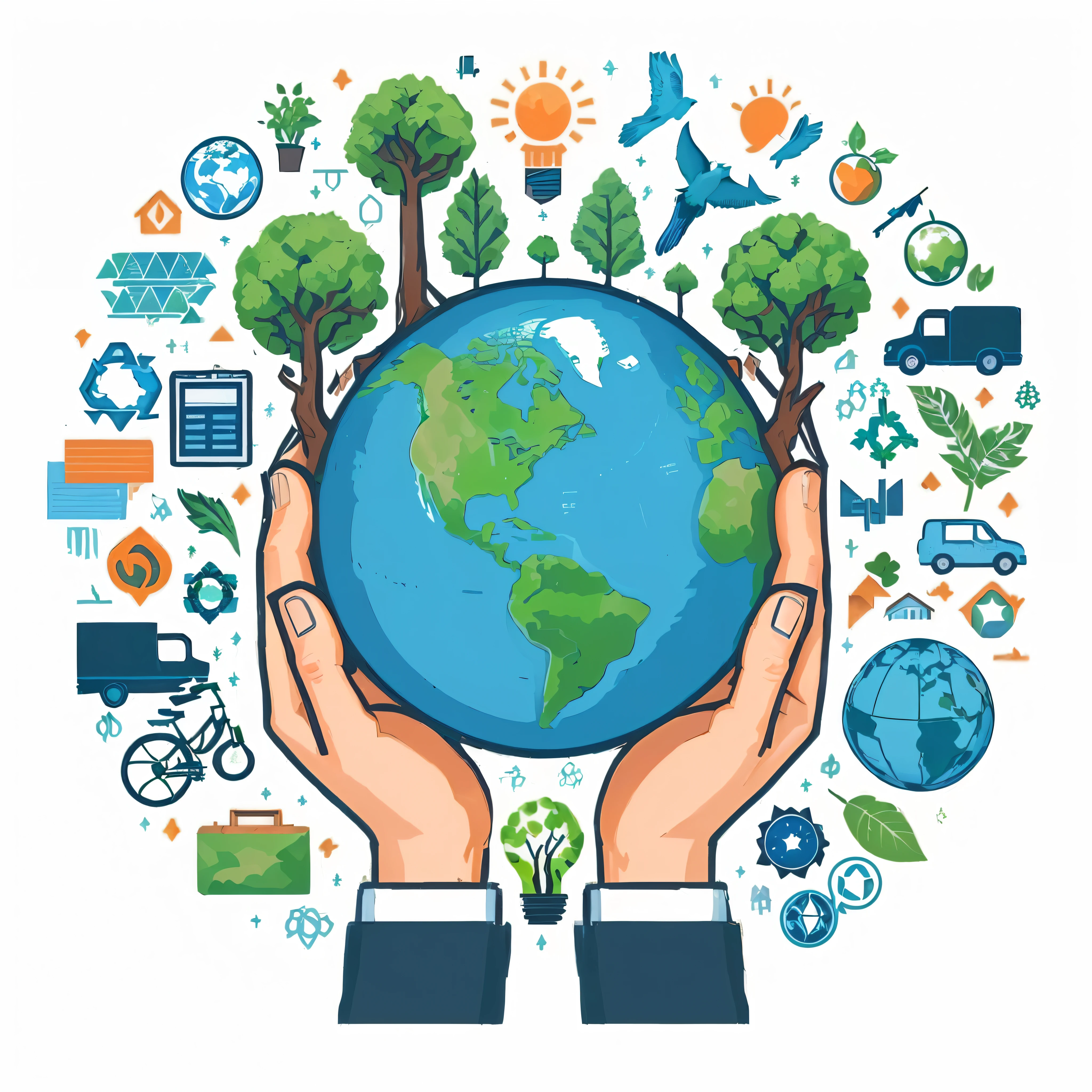 a person holding a globe with trees and other icons surrounding it, sustainability, sustainable, sustainable materials, environment friendly, holding miniature earth in hands, eco-friendly theme, permaculture, clean environment, green technology, is holding a tiny planet earth, holding the earth, by Jakob Gauermann, environmental, illustration detailed, green world, enviromental portrait, environment
