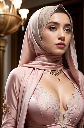 1. Masterpiece: 1.5, Gorgeous High-Class Arab Woman in Pink Hijab (iu:0.9), Masterpiece, Elegant Posture, Luxurious Silk Dress, Intricate Lace and Portraits, Reveling Curves, Daringly Unsupported Breasts, Silk Dress Crafted with Brushstrokes of Luxury, Jewels, Flawless Hairdo, Opulent Background
This masterpiece showcases a glamorous and sophisticated young woman in a pink hijab, belonging to a high-class society. She elegantly showcases her beauty in a luxurious silk dress, adorned with exquisite lace