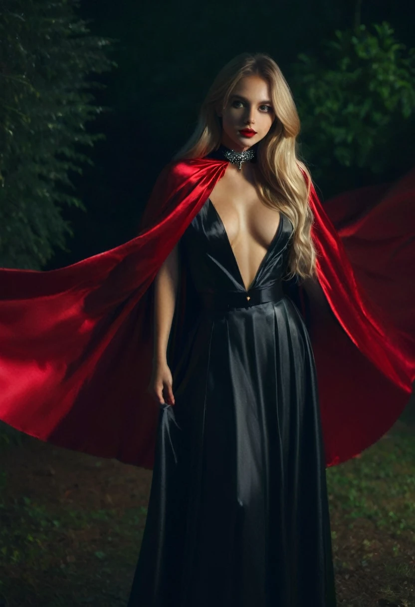 Vampyfangs1 , (RAW photo) , 2girls, cute, 20 years old, long blonde hair , smiling, look at viewer, ((((silver and red lined satin cape tied at the neck)))+++, side spilt skirt , embracing, nighttime, standing in a moonlit graveyard , photo, realistic, best quality, hires, detailed face, detailed background, diffused lighting, depth of field, bokeh