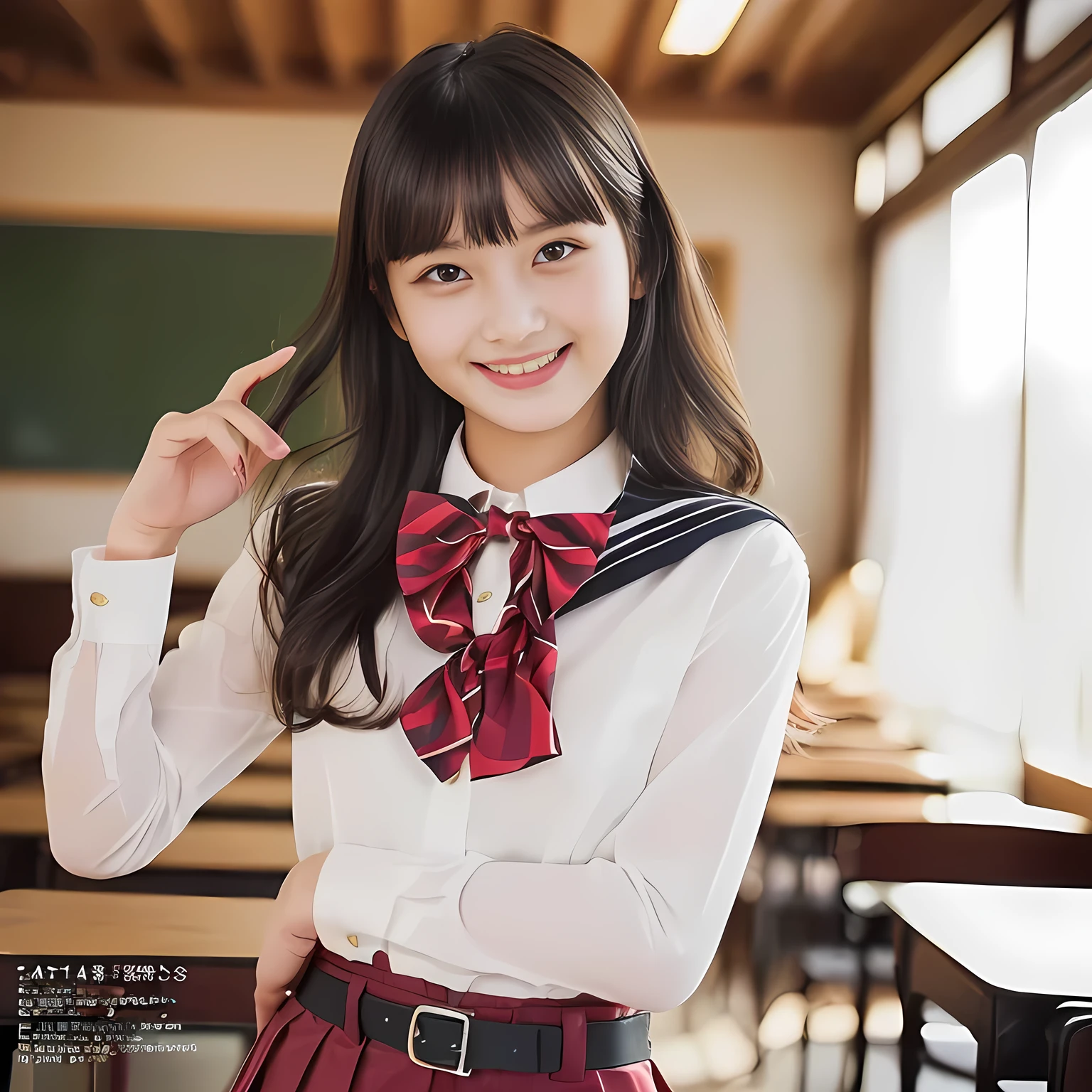 (highest quality, masterpiece:1.2), highest quality, Realistic, photograph, High resolution, 1080p, 8K, Physical Rendering, ((Height: 155cm)), ((((((Some beautiful Japanese fashion magazine's fashion models are looking straightly at the viewer)))))), (((big very detailed Japanese beautiful dark brown eyes))), ((((Everyone is loving and laughing at me!)))), detailed fingers, (((curled blunt bangs))), ((((Very noble and cute eyes, carefully drawn with great attention to detail)))), ((double eyelids)), (((long eyelashes))), ((cute lovely lovely laughing laughing cheeks)), ((The pure white light hits my nose and cheeks. Her eyes and white facial skin shine beautifully white.)), (((((Her facial features are very expressive noble smile, very sweet, very very intelligent))))), ((((impressive red super-large school ribbon bow tie in plain)))), ((((black very beautiful and very long bobbed hair)))), ((((red formal long pleated skirt)))), ((((A red school sailor-style uniform with pink blouse)))), ((light white Japanese girl's classroom)