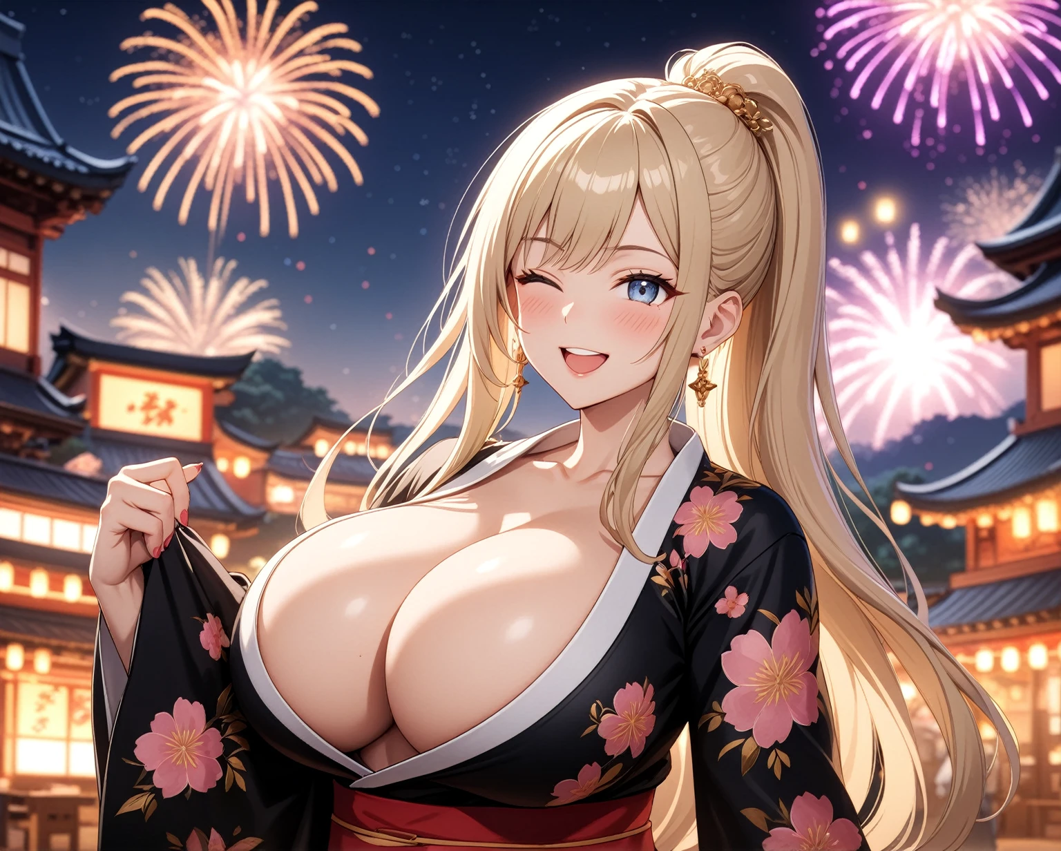 ((one personの女性)), Beautiful Face,Happy and fun,Blushing,((Wink:2.0)),Laughing with your mouth open,Lighting the face,Glossy lips,Abstract, night,Shrine festival sexpensives,firework, ((Anime style background)),masterpiece, highest quality, so beautiful, Latest, Complex details, (Pink long nails),AI-generated, Complex,High resolution, highest quality, super high quality,3D Images、View your viewers、3D Images,one person,Long Blonde Hair,(Dark hair at the hairline),High Ponytail,blue eyes,Anime woman posing for a photo, [[fine grain、Colorful eyes、Shining Eyes:1.15]],(Squint your eyes:1.1),a hyperRealistic , hyperRealistic , Realistic , Blonde anime woman with long hair, Smooth anime CG art, A woman in a gorgeous kimono embroidered with gold, Black kimono,Pink floral pattern,Floral long hair ornament,Earrings,(Big Breasts:1.4),Mature Body,expensive,Big Ass,Fine details,Trained abdominal muscles,(her eyes wide with wonder as she watches the spectacular fireworks lighting up the night sky)