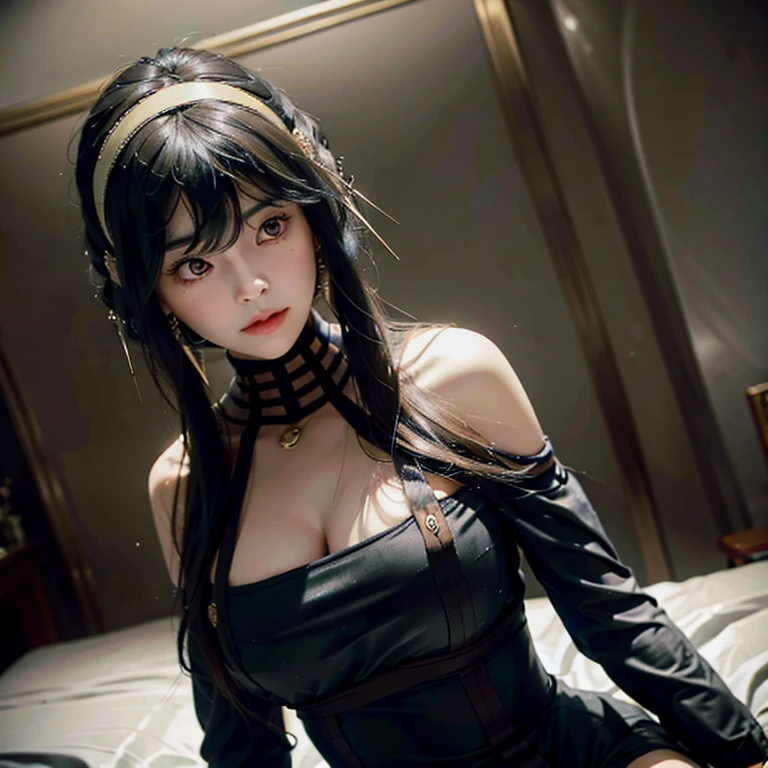 a beautiful young girl with large, expressive eyes, delicate facial features, and fluffy chestnut hair posing confidently while wearing a Spy x Family Yol Forger costume, the image captured as a high-quality, realistic SLR photograph with exceptional detail, vivid colors, and perfect balance, showcasing the girl's striking beauty and the intricate costume design, the lighting and composition drawing the viewer's attention to the subject's captivating gaze.