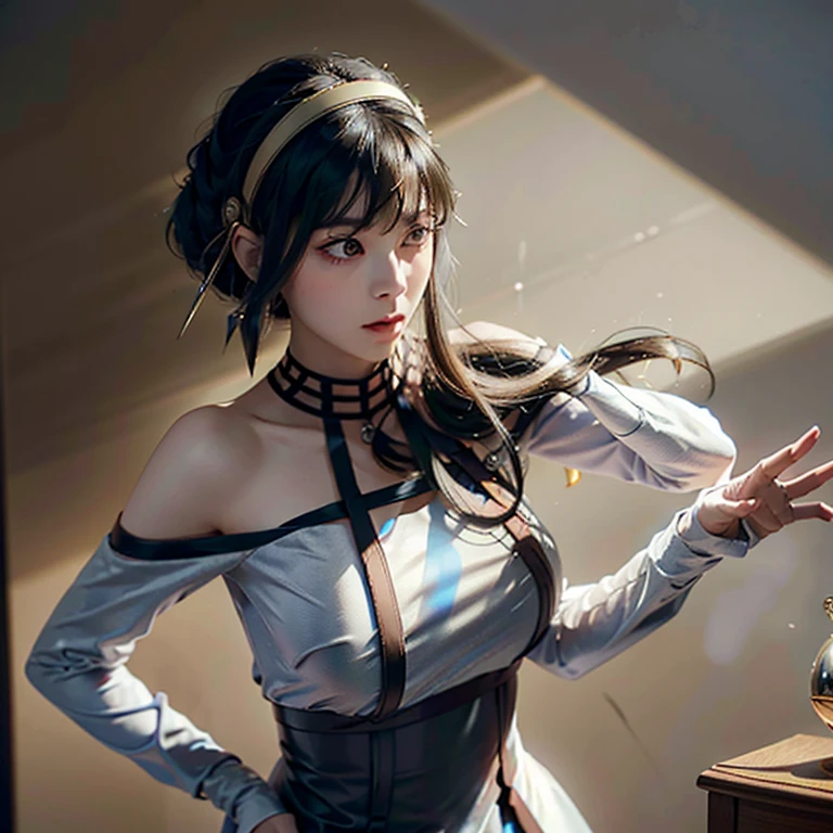 a beautiful young girl with large, expressive eyes, delicate facial features, and fluffy chestnut hair posing confidently while wearing a Spy x Family Yol Forger costume, the image captured as a high-quality, realistic SLR photograph with exceptional detail, vivid colors, and perfect balance, showcasing the girl's striking beauty and the intricate costume design, the lighting and composition drawing the viewer's attention to the subject's captivating gaze.