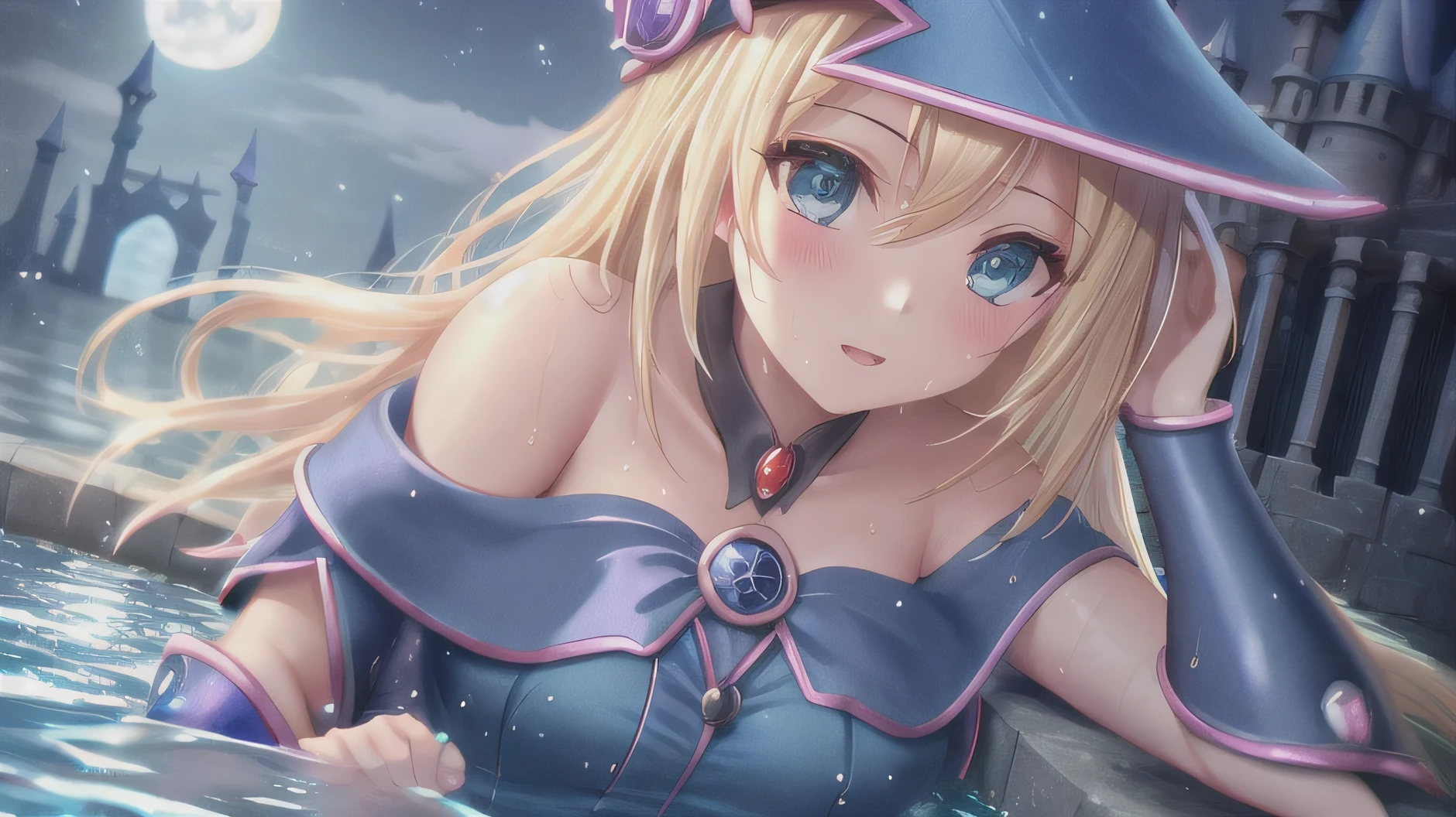 dark magician girl, mksks style, (very detailed background:1.0), (highly detailed background:1.0), masterpiece, best quality, (1girl), solo, (water), long hair, blonde hair, blue headwear, wizard hat, spell casting, castle, castle:2, motion blur, magic, (moonlight:1.2), chromatic aberration, depth of field, soft lighting, highly detailed face, highly detailed eyes, swimming, wet hair, 