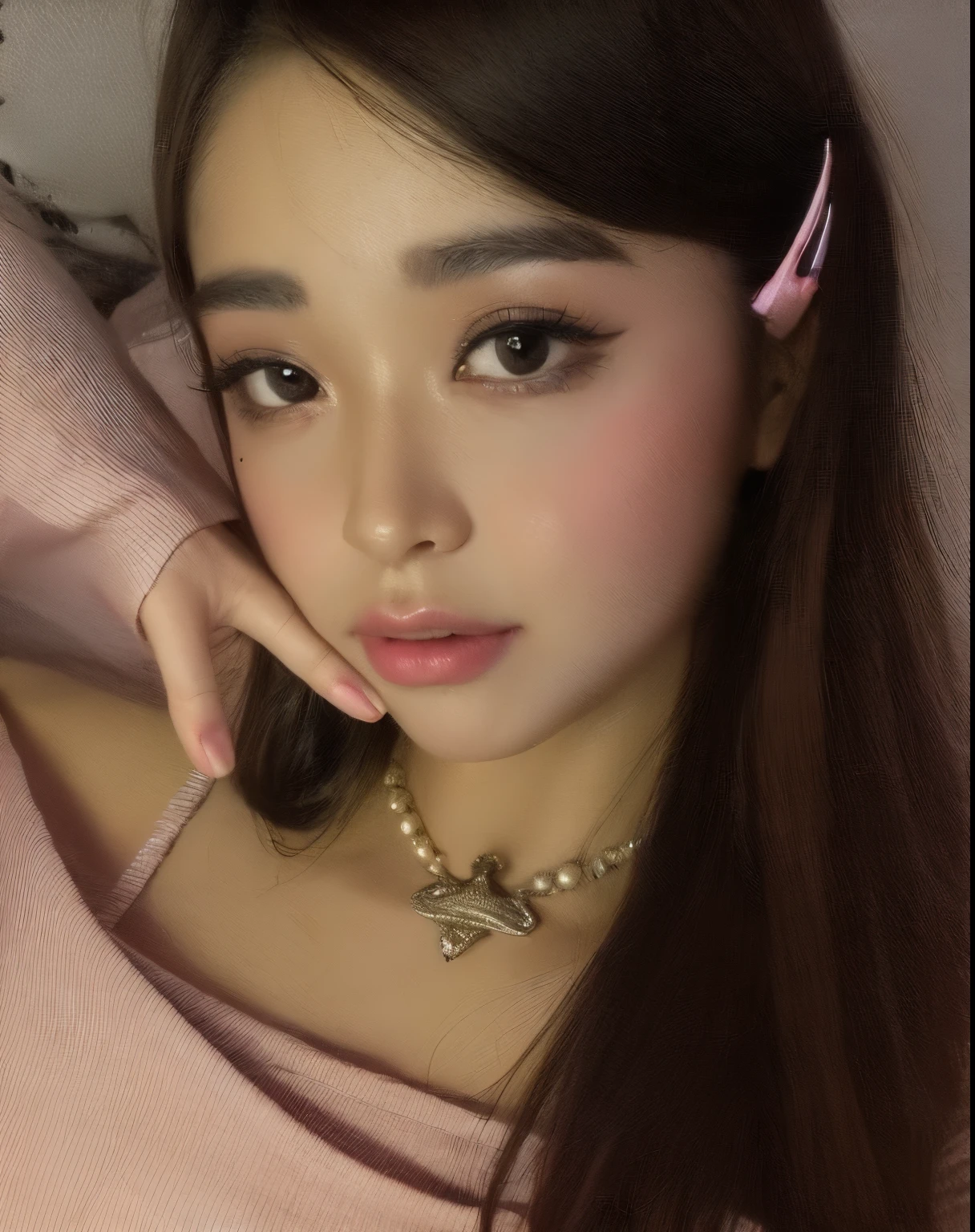 Asian woman with long hair and pink shirt, Brutal Korean Goth Girl, Best Face, Small lips, pointed nose, Linda Delphine, maquiagem sul-korean popular, small heart shaped face, maquiagem korean popular, 젊고 사랑스러운 korean 얼굴, young cute white asian face, korean, Exciting and cute aesthetics, Korean facial features