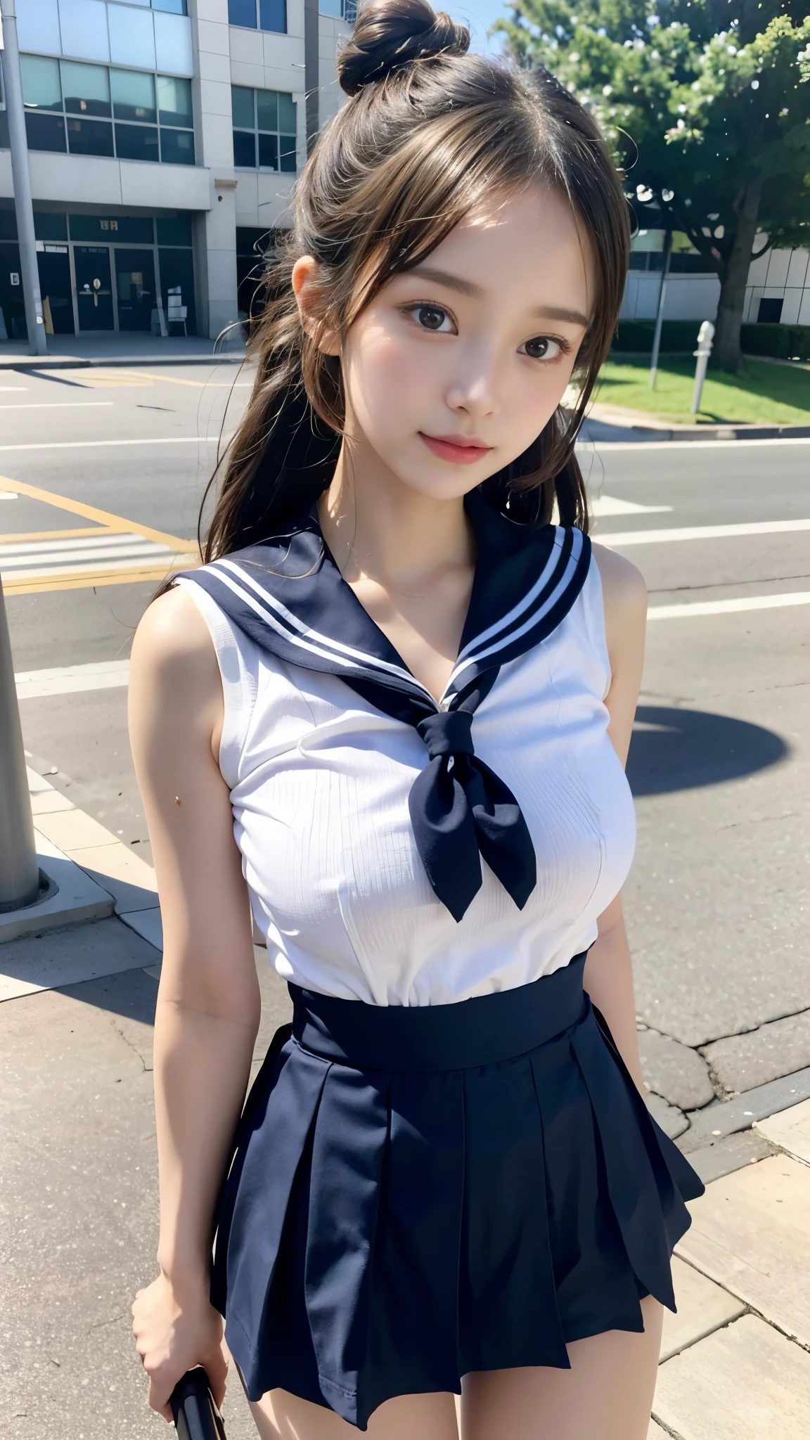 (((Sailor suit, mini skirt))), ((The body of a beautiful girl)), Hair, Smooth and shiny hair, (Twin bun hairstyle:1.3), (Beautiful Skin), (Slender body line), , delicate, 8th life, Medium breast, (Perfect Anatomy:1.3), (Detailed eyes and face:1.2), (Detailed hands and legs:1.2), ((highest quality, 8K, masterpiece)), View the viewer, (Ready for public sex)