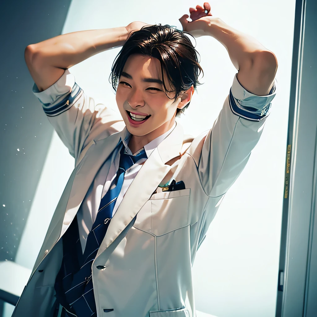 TOP quality,8K, masterpiece, (realistic:1.2), (1man:1.2), 40yo,(laugh, arms up, sexy:1.4), (scientist, white coat, fat),(laboratory), (explode:1.3)