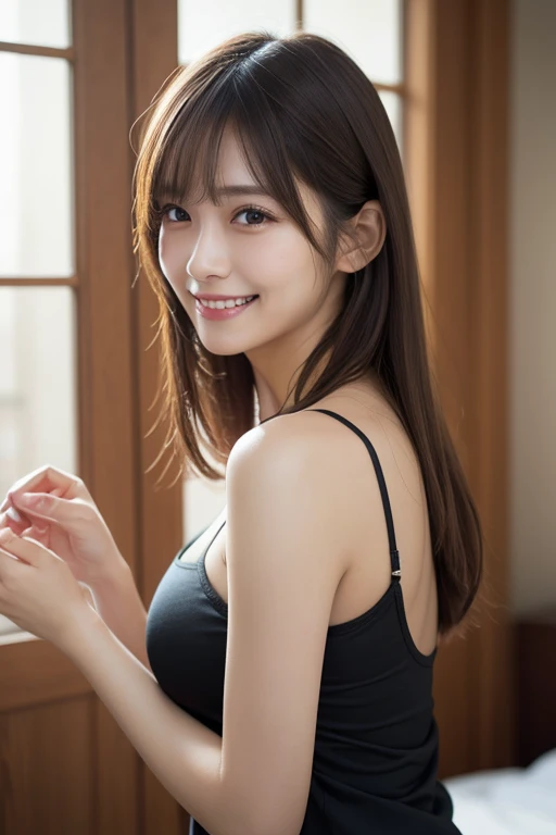 highest quality, masterpiece, Ultra-high resolution, (photo Realistic:1.4), (Depth of written boundary), Realistic, professional Lighting, Physically Based Rendering, 1 Japanese girl, (A satisfied smile:1.2), Cinematic Light、Only the upper body and head can be seen, Looking at the audience, Focus on the eyes, Very detailed, Narrow waist, 19 years old, Disheveled long hair, Reverse hair, Asymmetrical bangs, Light brown hair, Hair blowing in the wind, So beautiful, Happy,, Delicate arms and hands, Cleavage cutout, Perfect and delicate limbs, Beautiful Eyes, Real skin texture, (Black camisole), Exposure lot, Detailed painted fabric, Blurred Background, indoor, bed, Lighting,Show your ass