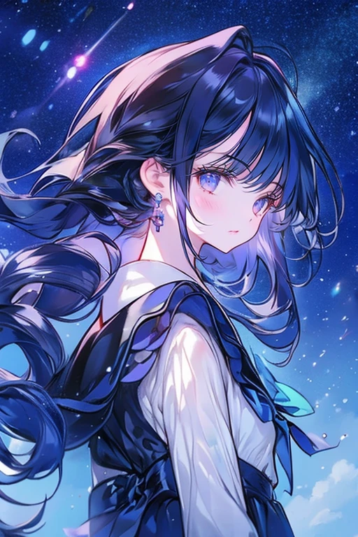 1girl,solo,cute,point of view when my girlfriend was looking up the sky,in night,starry sky,brilliant,vivid,angle from the side,upper body,face focus,in outside