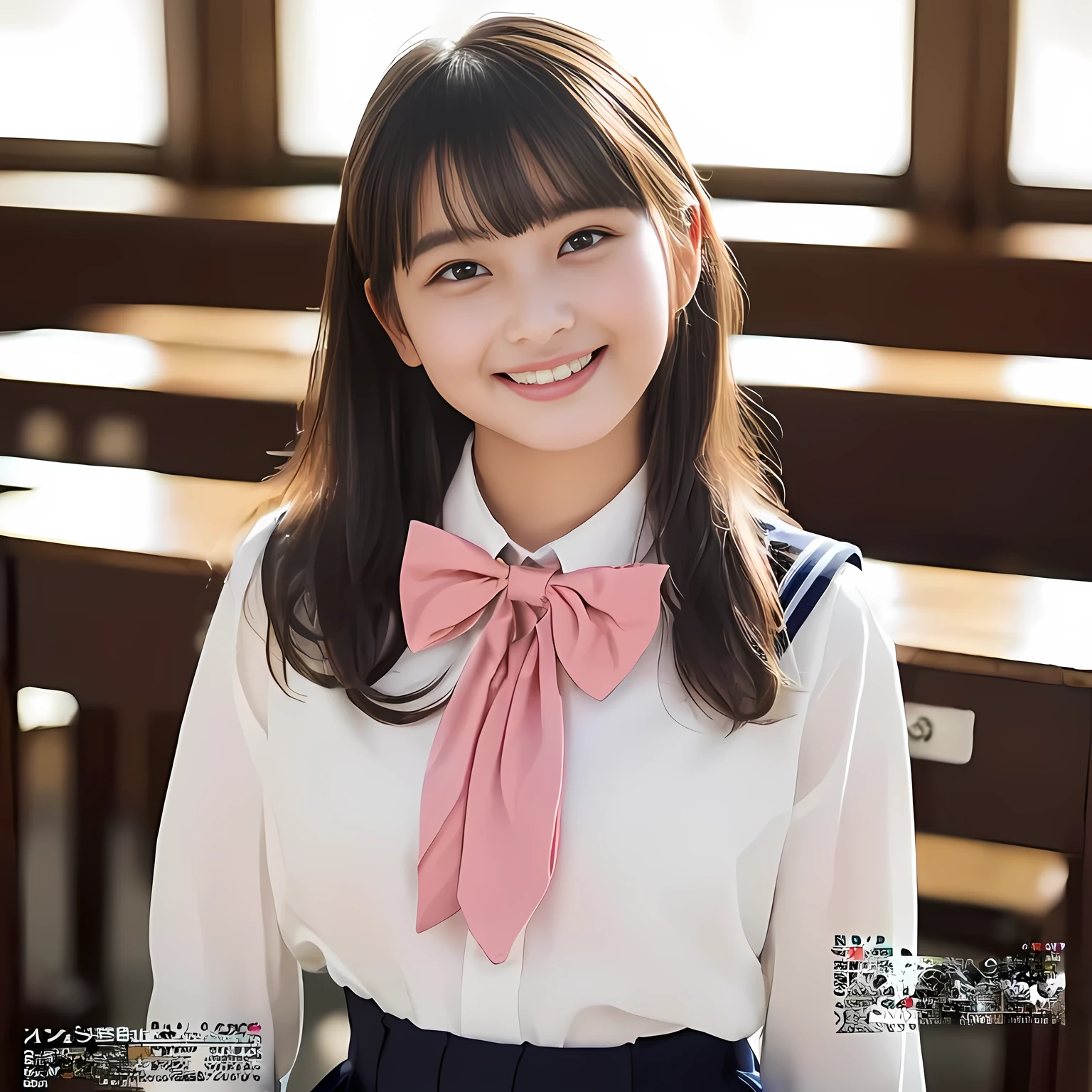 (highest quality, masterpiece:1.2), highest quality, Realistic, photograph, High resolution, 1080p, 8K, Physical Rendering, ((Height: 155cm)), ((((((Some 14 year old beautiful Japanese fashion magazine's fashion models are looking straightly at the viewer)))))), (((big very detailed Japanese beautiful dark brown eyes))), ((((Everyone is loving and laughing at me!)))), detailed fingers, (((curled blunt bangs))), ((((Very noble and cute eyes, carefully drawn with great attention to detail)))), ((double eyelids)), (((long eyelashes))), ((cute lovely lovely laughing laughing cheeks)), ((The pure white light hits my nose and cheeks. Her eyes and white facial skin shine beautifully white.)), (((((Her facial features are very expressive noble smile, very sweet, very very intelligent))))), ((((impressive red super-large school ribbon bow tie in plain)))), ((((black very beautiful and very long bobbed hair)))), ((((red formal long pleated skirt)))), ((((A red school sailor-style uniform with pink blouse)))), ((light white Japanese girl's classroom)