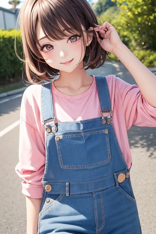 masterpiece,highest quality, One girl,alone,haru urara,Overalls,Overallsショーツ,Flower-like pupils,change,Pink Shirt,Have ice cream,(Horse tail:0.6),smile,Open your mouth,cloudy,