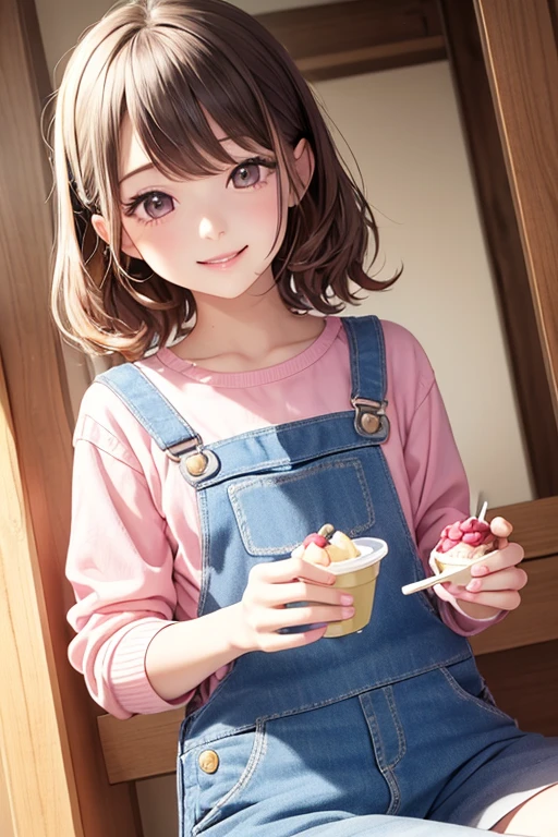 masterpiece,highest quality, One girl,alone,haru urara,Overalls,Overallsショーツ,Flower-like pupils,change,Pink Shirt,Have ice cream,(Horse tail:0.6),smile,Open your mouth,cloudy, 