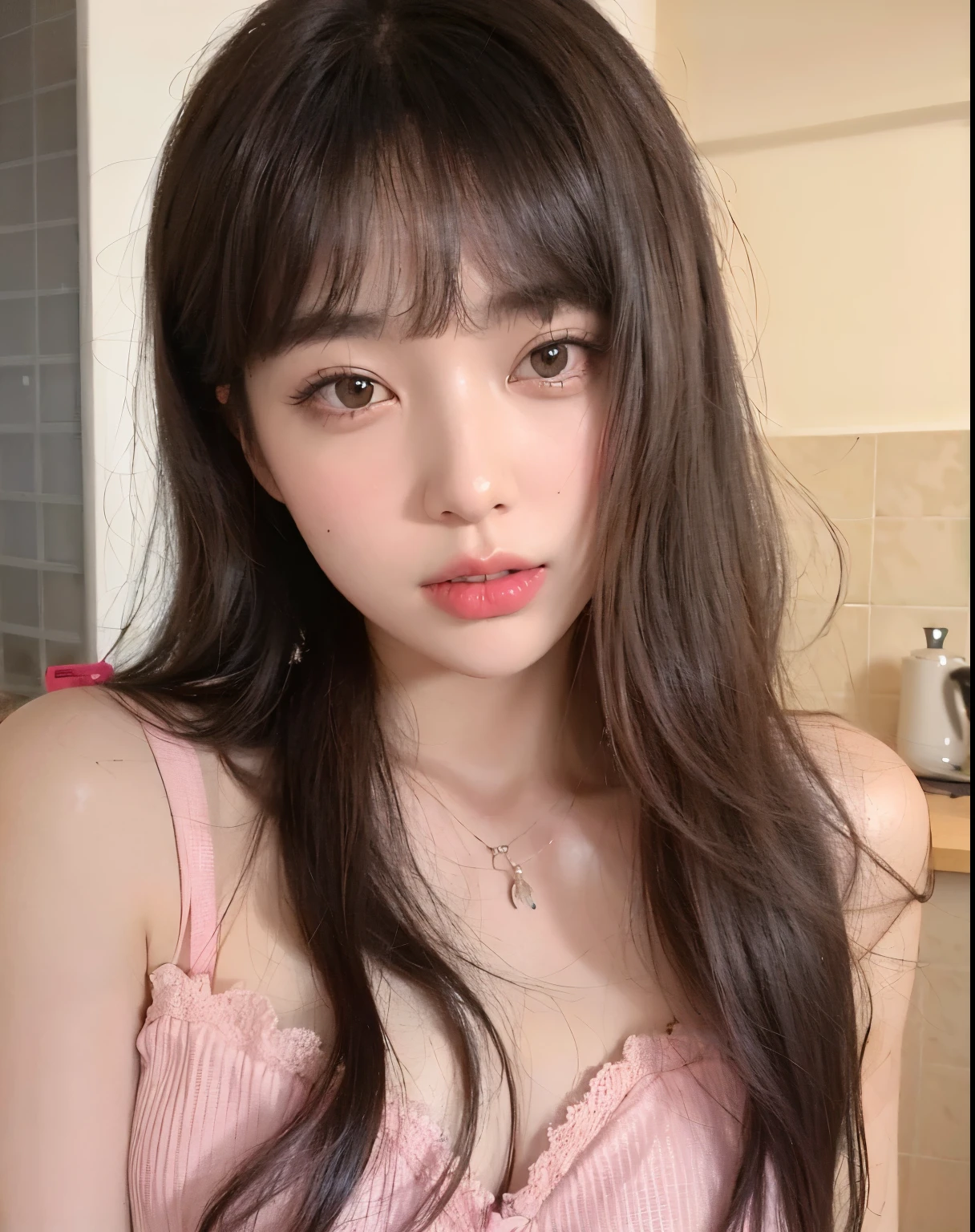 Araped woman posing for a photo with long hair and pink dress, Best Face, cabelo arrumado With bangs, With bangs, Larisa Manoval, 귀엽고 사랑스러운 korean 얼굴, 젊고 사랑스러운 korean 얼굴,  korean, Jaeyeon Nam, With bangs completa, maquiagem sul-korean popular, maquiagem korean popular, Ela tem cabelo preto With bangs