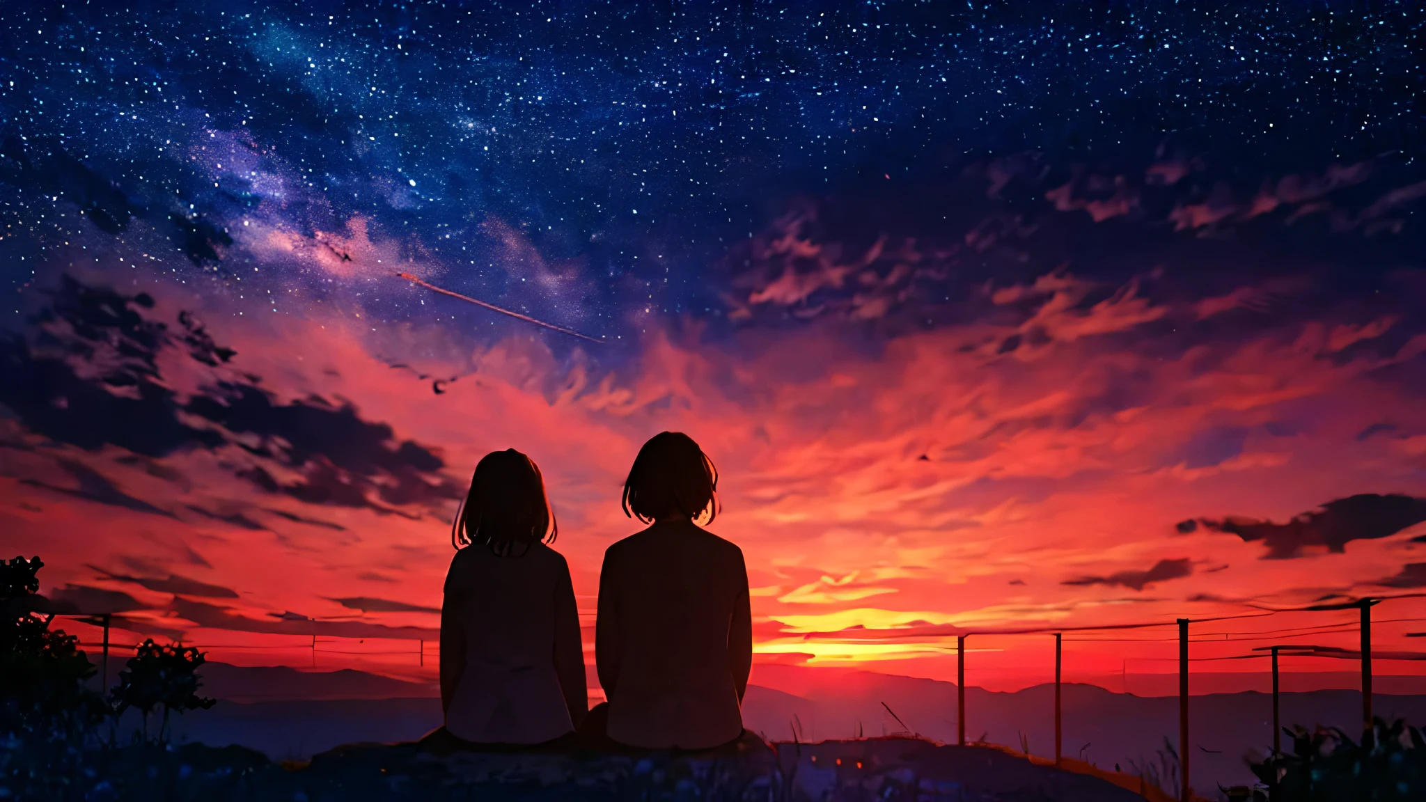 sunset、hill、cloud、Long Hair、woman、Sitting、silhouette、Back view、Beautiful starry sky、Look up at the sky、The wind is blowing、Wide sky、Headphones