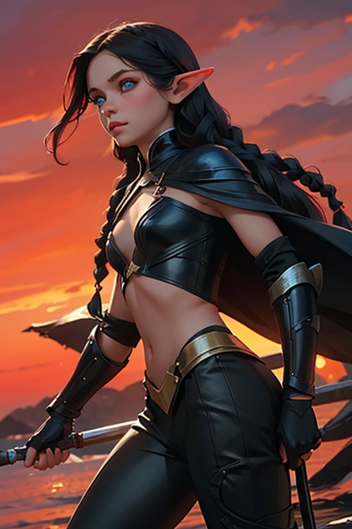 1female elf,long black braided hair,orelhas pontudas, olhos azuis, thin lips, rosto redondo,corpo delgado usando uma armadura leve segurando uma espada fina no campo de batalha, red sky with smoke around.