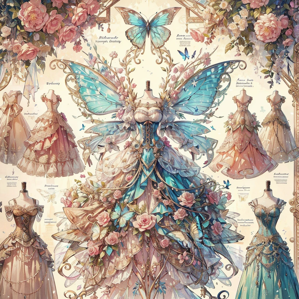(Exquisite, beautiful and highly detailed masterpiece, high quality, high resolution),(An illustration of a fantastical antique flyer attached to a wooden signboard, showing a fairy princess dress in pastel and vivid colors with beautiful, transparent butterfly-like fairy wings growing from the back of the dress worn by a torso in a fantasy world, and descriptions of several dresses neatly arranged in a row),A frilly princess dress with draped peplums symmetrically attached to the bottom of the corset and a skirt decorated with bows and flowers.,A cute princess dress with beautiful, transparent fairy wings growing from the back.