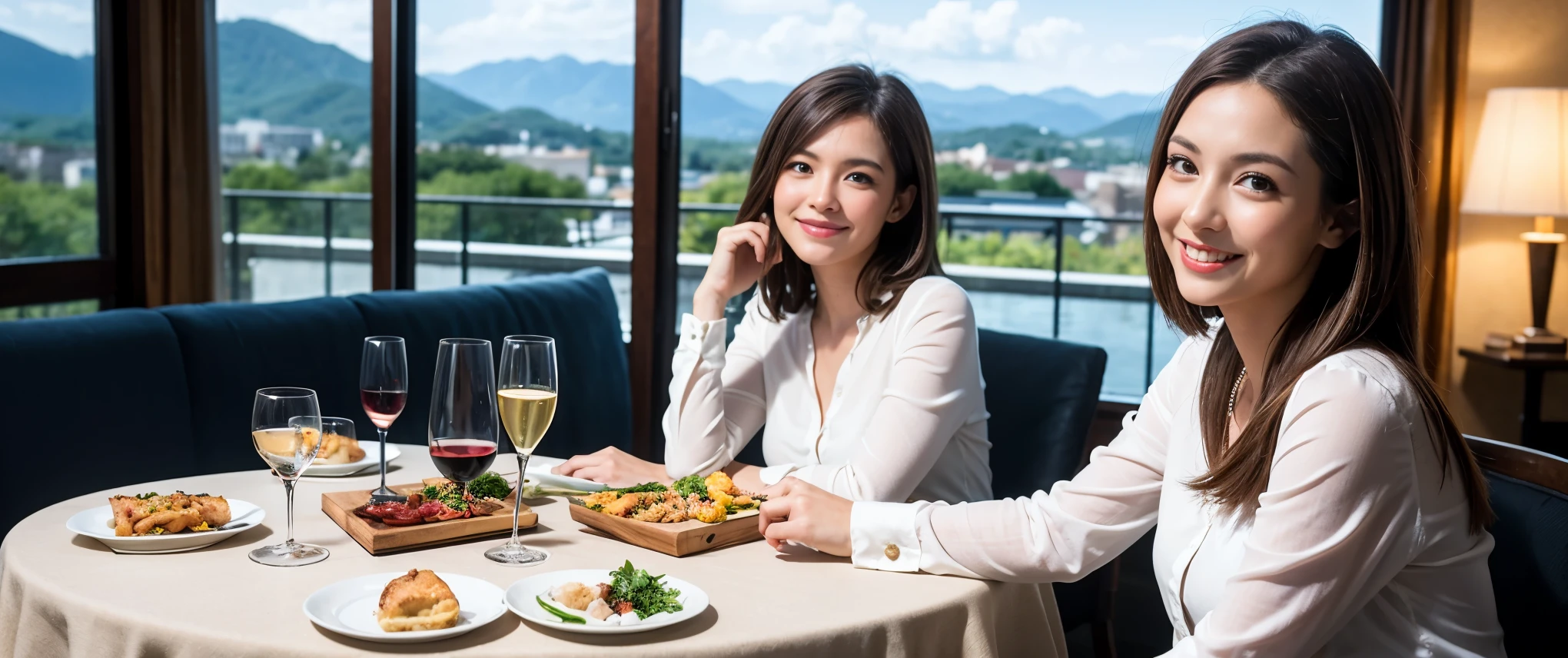 ((highest quality、8k、masterpiece:1.3))、1 male、1 female、Couple、spouse、Couple、Slim body、((Bob Hale、Straight hair:1.2)), (Realistic, Intricate details:1.2), Wine glass on the table、Shine light on your face、 Amazing view of the sunset sky and clouds、Amazing mountain views、A bright smile、The wonderfulness of smile、Bright image、The beauty of wine, Beautiful Face, blue eyes, The light shines on your face, Blushing, short hair,Bright Face、 (Age 37), 39 years old, red wine 、Appetizers、Italian food、Wine bottle、Champagne、sparkling wine、Two beauties、Brown Hair、Shortcuts、Long sleeve shirt、dress、Pretty Woman 1, (Slim face), (The body is slim), (Brown Hair), (Shortcuts), cheeks turn a little red,Attractive beauty、restaurant, In a prominent place (From the waist up) Nova Frog Style, actress, model, Upper Body, White wine, slim, wine glass, Wine glass placed in the center, smile, (smile: 1.15), Beautiful fine grain, Depth f/2,saturation, High Contrast, Strong light and shadow,Moist Body:1.5、3D texture、Delicate eyes、Brown Hair、The hair is very shiny、