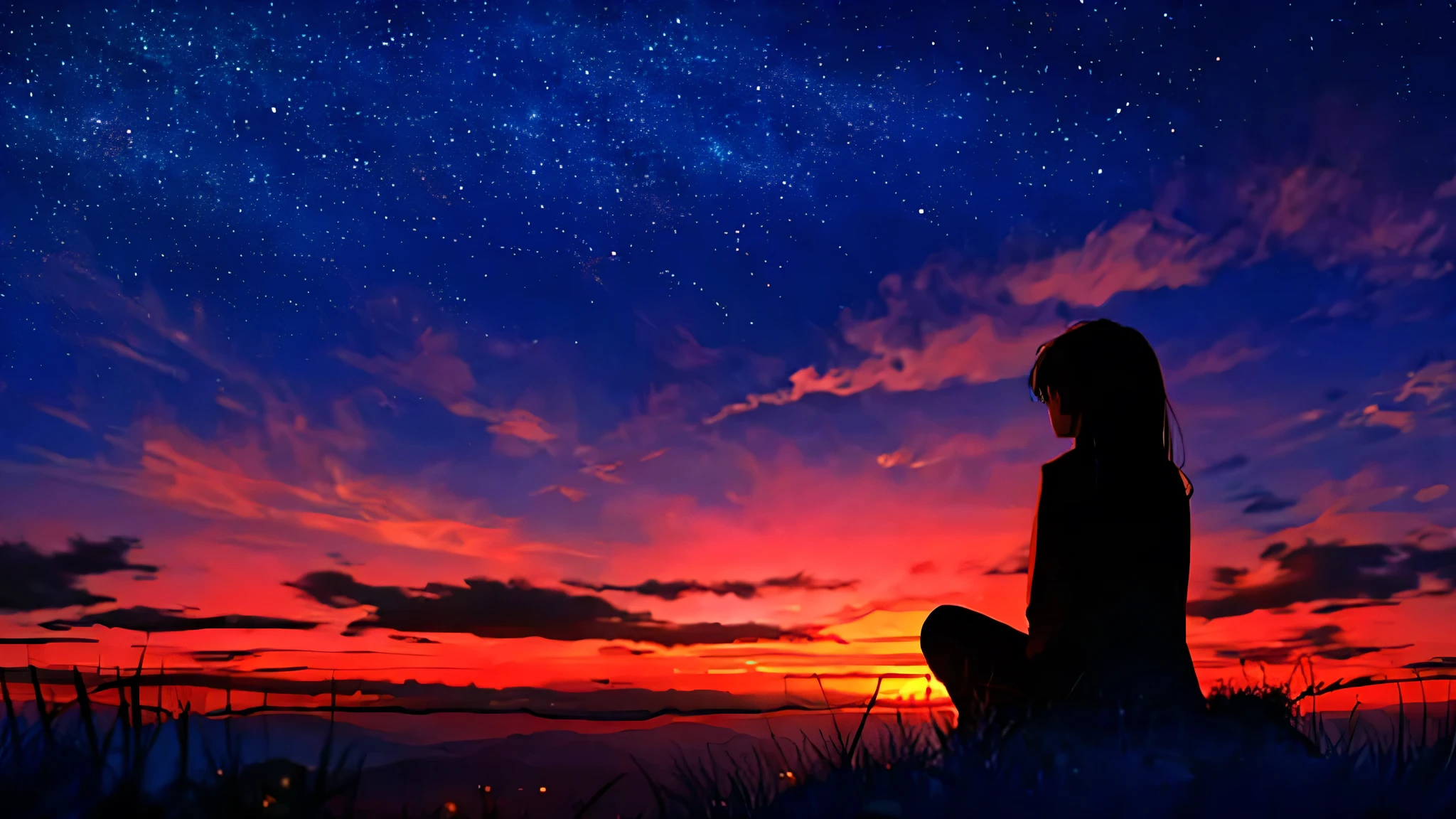 sunset、hill、cloud、Long Hair、woman、Sitting、silhouette、Back view、Beautiful starry sky、Look up at the sky、The wind is blowing、Wide sky、Headphones