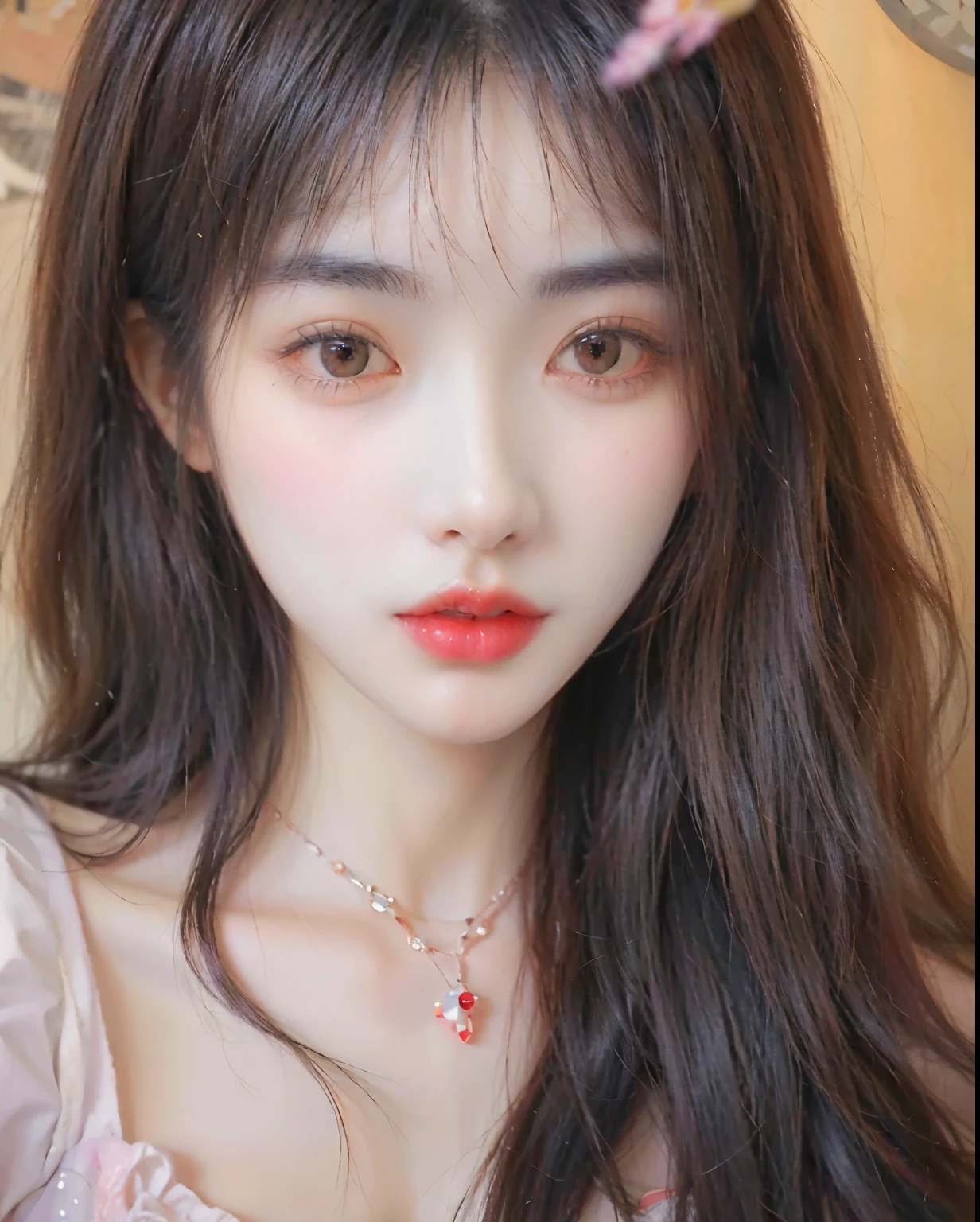 Asian woman posing for a photo with long hair and red lipstick, Best Face, maquiagem sul-korean popular, maquiagem korean popular, Light red lips, sakimichan, 귀엽고 사랑스러운 korean 얼굴, 젊고 사랑스러운 korean 얼굴, Larisa Manoval, faintly red lips, young cute white asian face, korean, Jinyoung Canella, red lipstick on face