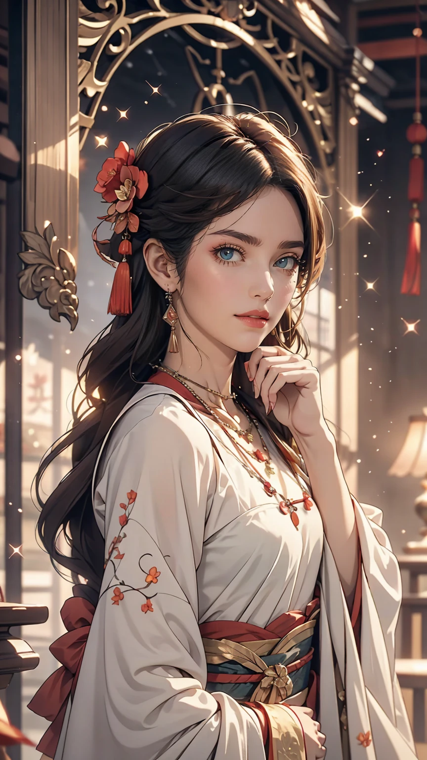 Great quality, masterpiece, High Resolutiupon, One girl, blush, (Captivating smile: 0.8), Star Student, chinese hanfu, hair accessory, necklace, jewelry, beauty, upon_body, Tyndall effect, Realistic, Shadow Room, Light Edge, Two-tupone Lighting, (Skin with attention to detail: 1.2), 8k UHD, SLR, Soft Light, high quality, Volumetric lighting, snapshot, High Resolutiupon, 4K, 8k, Background Blur, Real Persupon