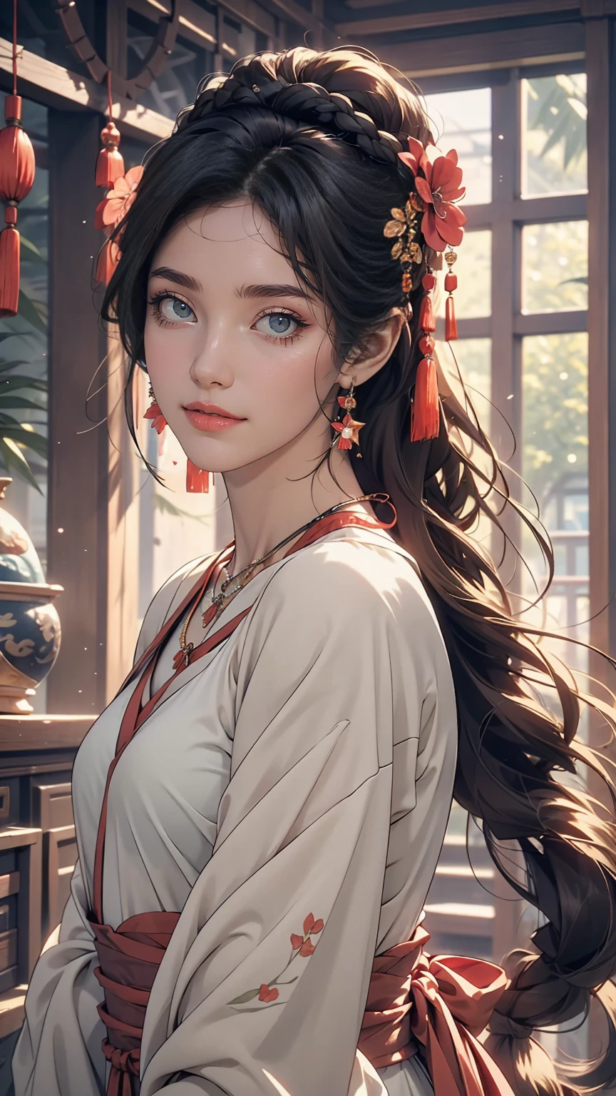 Great quality, masterpiece, High Resolutiupon, One girl, blush, (Captivating smile: 0.8), Star Student, chinese hanfu, hair accessory, necklace, jewelry, beauty, upon_body, Tyndall effect, Realistic, Shadow Room, Light Edge, Two-tupone Lighting, (Skin with attention to detail: 1.2), 8k UHD, SLR, Soft Light, high quality, Volumetric lighting, snapshot, High Resolutiupon, 4K, 8k, Background Blur, Real Persupon