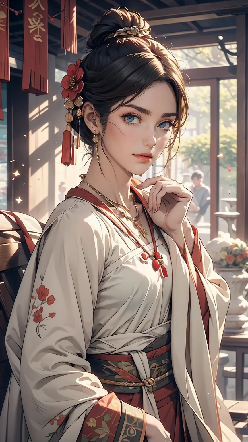 Great quality, masterpiece, High Resolutiupon, One girl, blush, (Captivating smile: 0.8), Star Student, chinese hanfu, hair accessory, necklace, jewelry, beauty, upon_body, Tyndall effect, Realistic, Shadow Room, Light Edge, Two-tupone Lighting, (Skin with attention to detail: 1.2), 8k UHD, SLR, Soft Light, high quality, Volumetric lighting, snapshot, High Resolutiupon, 4K, 8k, Background Blur, Real Persupon