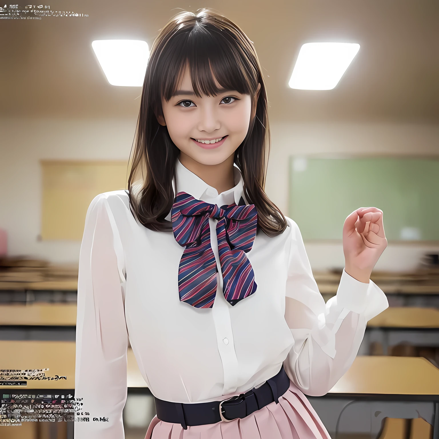 (highest quality, masterpiece:1.2), highest quality, Realistic, photograph, High resolution, 1080p, 8K, Physical Rendering, ((Height: 155cm)), ((((((Some 14 year old beautiful Japanese fashion magazine's fashion models are looking straightly at the viewer)))))), (((big very detailed Japanese beautiful dark brown eyes))), ((((Everyone is loving and laughing at me!)))), detailed fingers, (((curled blunt bangs))), ((((Very noble and cute eyes, carefully drawn with great attention to detail)))), ((double eyelids)), (((long eyelashes))), ((cute lovely lovely laughing laughing cheeks)), ((The pure white light hits my nose and cheeks. Her eyes and white facial skin shine beautifully white.)), (((((Her facial features are very expressive noble smile, very sweet, very very intelligent))))), ((((impressive red super-large school ribbon bow tie in plain)))), ((((black very beautiful and very long bobbed hair)))), ((((red formal long pleated skirt)))), ((((A red school sailor-style uniform with pink blouse)))), ((light white Japanese girl's classroom)