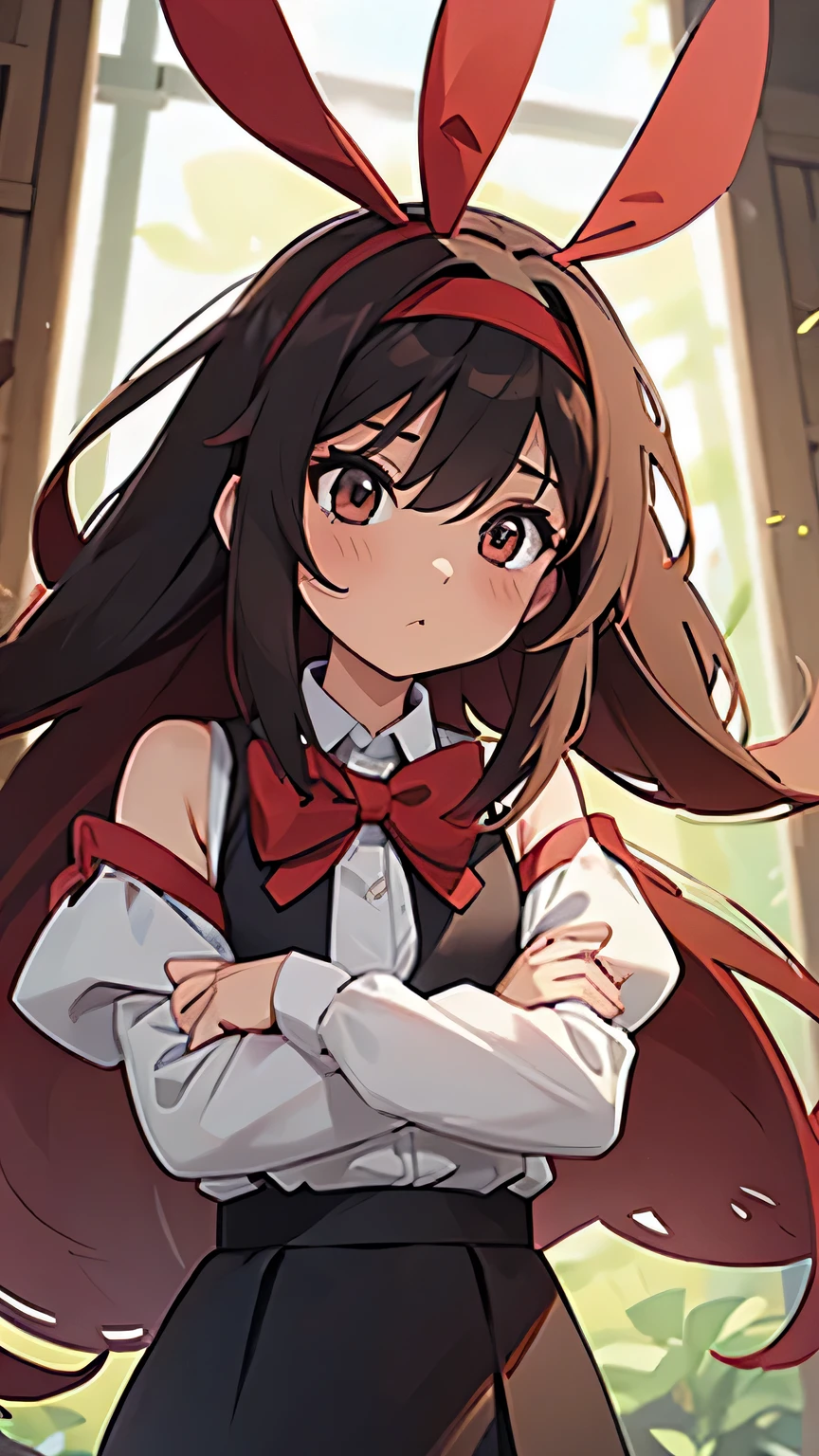 Ellis greyrat, One girl, alone, Long Hair, Ahoge, Red eyes, Redhead, Exposing shoulders,hair band, Arms crossed,blush, skirt, black hair band, chest, Removable sleeves,bangs, Hair between the eyes, Long sleeve, Hair flap, Mouth closed, black skirt, brown skirt, shirt, crossed bangs, very Long Hair, white shirt,Biomes,Point to yourself,shout,anger, 