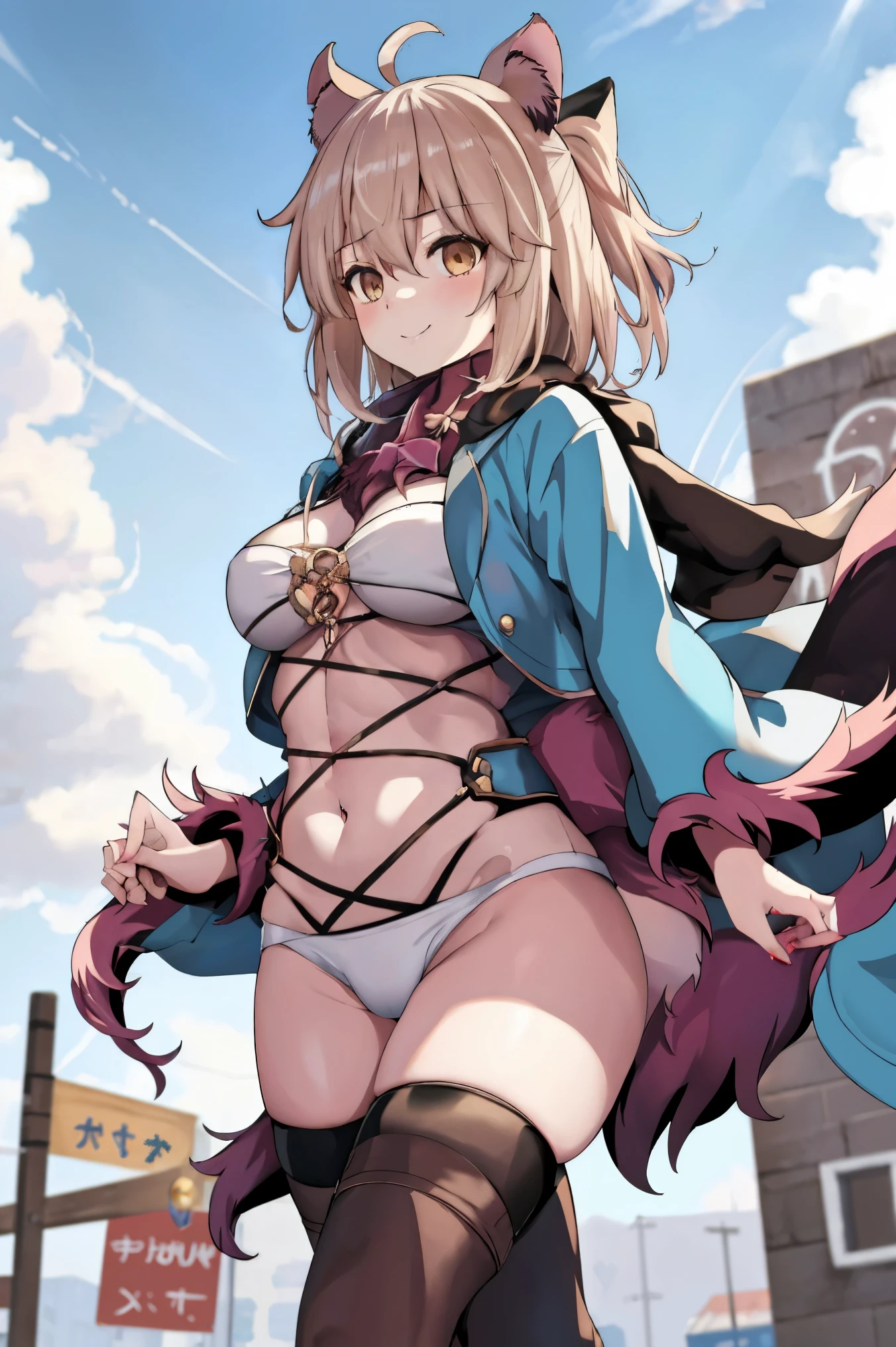 masterpiece, best quality,extremely detailed CG unity 8k wallpaper,
1girl,okita souji \(fate\),
smile,shy,walking,middle_breasts,navel,thighs,happy,gold_eyes,apart_thighs,apart_knees,rise_knee,covered_pussy,dangerousbeast,(dangerousbeast:1.5),perfect_hands,single_up_hair,jacket,thigh-highs,wolf_ears,