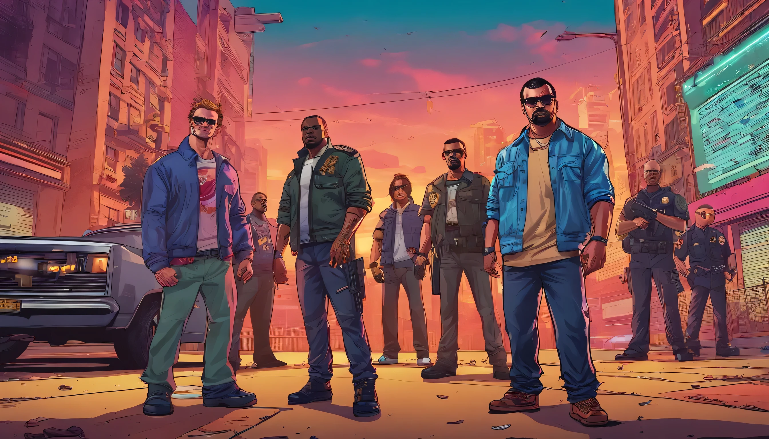 best quality, masterpiece, cinematic lighting, intricate, cinematic detailed realistic background, detailed face, full body, realistic, cityscape, night, looking at viewer, split-color hair, glasses,the police arrest the gang
