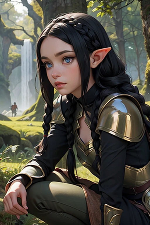 1 elf female,long silky black hair in braids,orelhas pontudas,olhos azuis, thin lips,rosto redondo,seios enormes, quadris largos,wearing light elven battle armor .estilo coquete e melindrosa ,sentada em um tronco de frente para uma fogueira, forest scenery at night looking at the viewer 