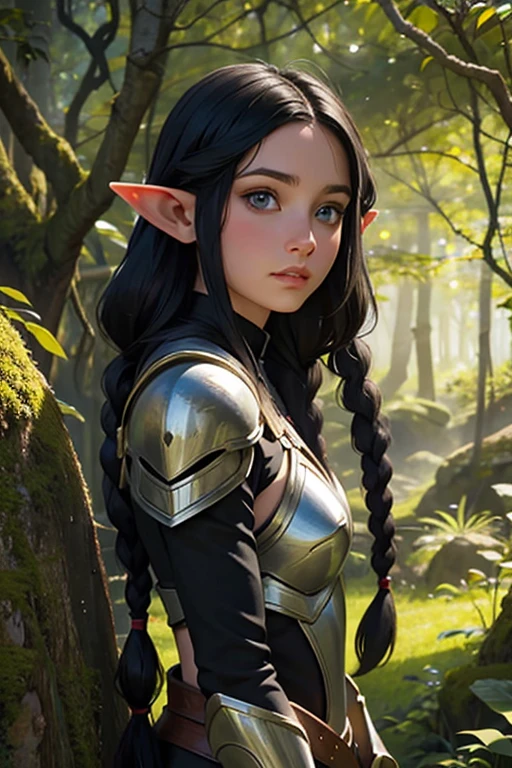 1 elf female,long silky black hair in braids,orelhas pontudas,olhos azuis, thin lips,rosto redondo,seios enormes, quadris largos,wearing light elven battle armor .estilo coquete e melindrosa ,sentada em um tronco de frente para uma fogueira, forest scenery at night looking at the viewer 