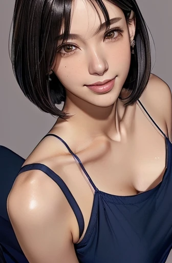 (masterpiece), (8k, best quality, high resolution), (ultra-detailed, realistic), (anatomically correct),
((from above)), ((look up and see the viewer)),
((face close-up)), (Standing), (No background),
(1woman),
(A Japanese woman, 30 years old and 155cm tall.),
((Create a detailed image of the eye)), ((dark brown eyes)),
(((Wear a navy blue tunic camisole))), ((A camisole without decoration.)),
(black hair), (straight hair), (short hair style), ((bob cut)),
(((Mole on right jaw and right breast))),
((smile broadly)),
(Her impression is pure, clean and kind.),