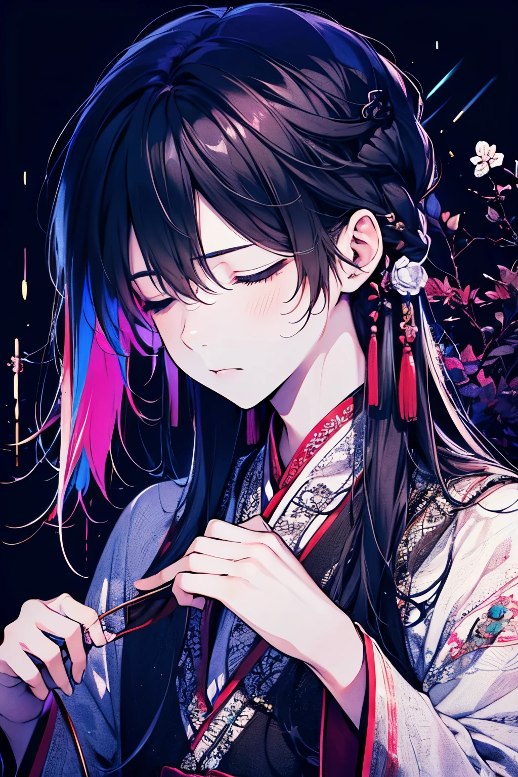 ((Male around 20 years old:1.2)),tazune rirei, masterpiece, best quality, braid hair, black hair,(portrait),((closed eyes)), white hanfu dress,In the bed, bokeh,(close mouth), perfect hands,sleeping time,((colorful)),(bedroom)