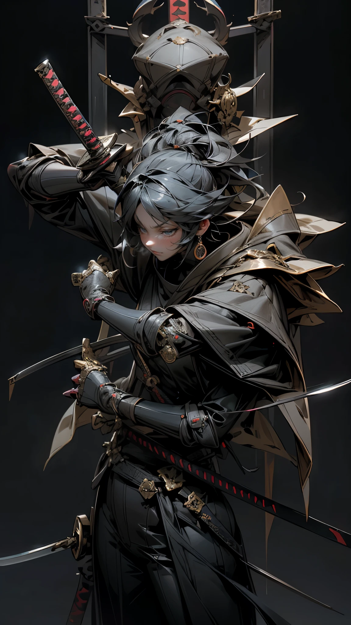 a woman holding a sword in a dark room, 2. 5 d cgi anime fantasy artwork, holding a black katana, stuning fantasy 3 d render, holding katana, unreal engine character art, unsheathing her katana, she is holding a katana sword, yasuke 5 0 0 px models, dramatic wielding katana pose, holding a katana