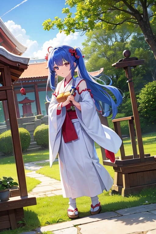 shrine,cleaning,Shrine maiden,sunny,Refreshing,Look at the sky,Hold back your hair,cute,girl