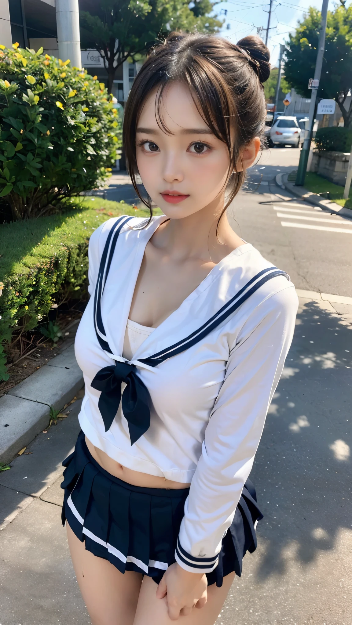 (((Sailor suit, mini skirt))), ((The body of a -yeld beiful girl)), Hair, Smooth and shiny hair, (Twin bun hairstyle:1.3), (Beautiful Skin), (Slender body line), , delicate, 8th life, Medium breast, (Perfect Anatomy:1.4), (Detailed eyes and face:1.2), (Detailed hands and legs:1.2), ((highest quality, 8K, masterpiece)), View the viewer, (Ready for public sex:1.7)