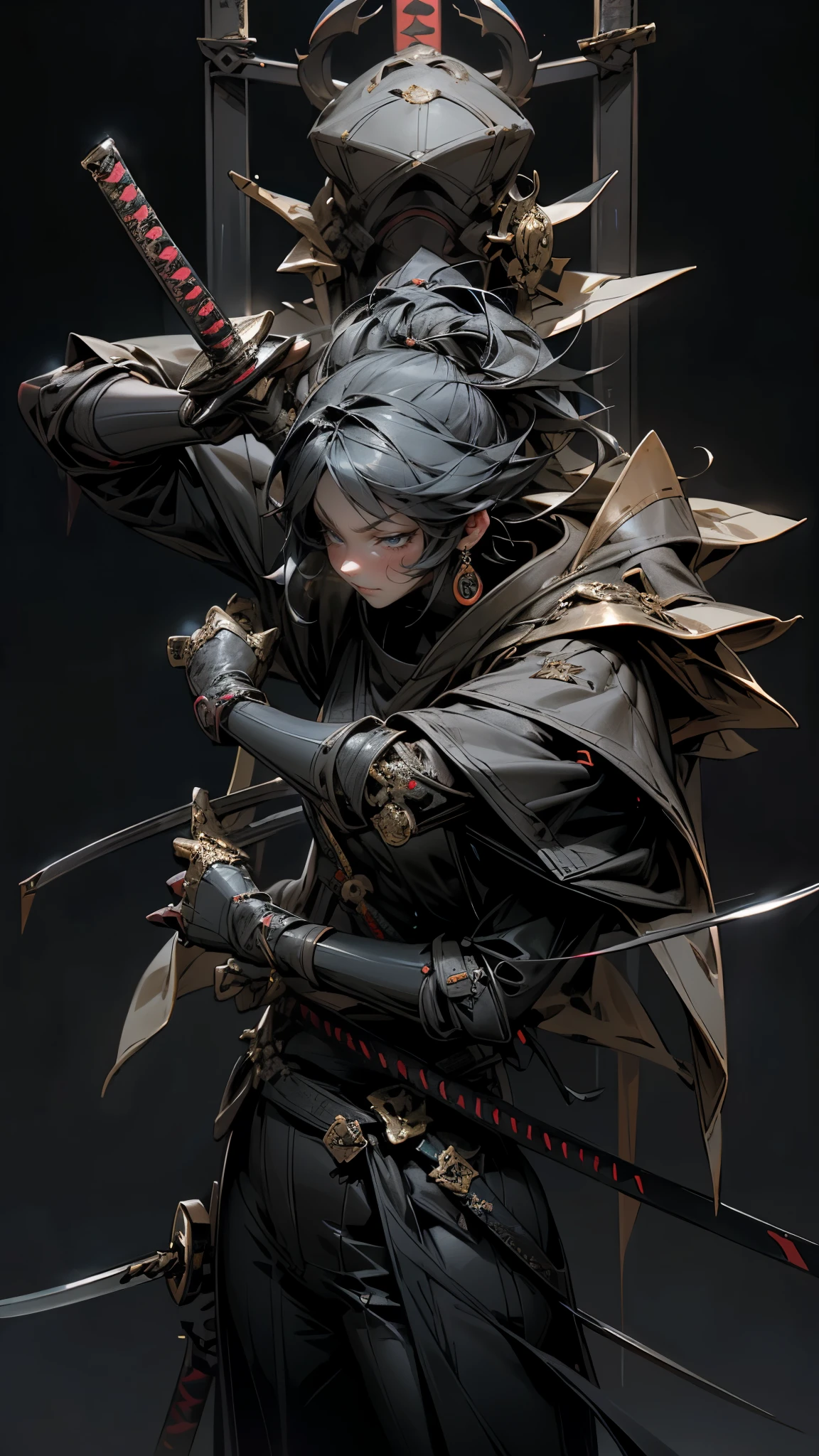 a woman holding a sword in a dark room, 2. 5 d cgi anime fantasy artwork, holding a black katana, stuning fantasy 3 d render, holding katana, unreal engine character art, unsheathing her katana, she is holding a katana sword, yasuke 5 0 0 px models, dramatic wielding katana pose, holding a katana