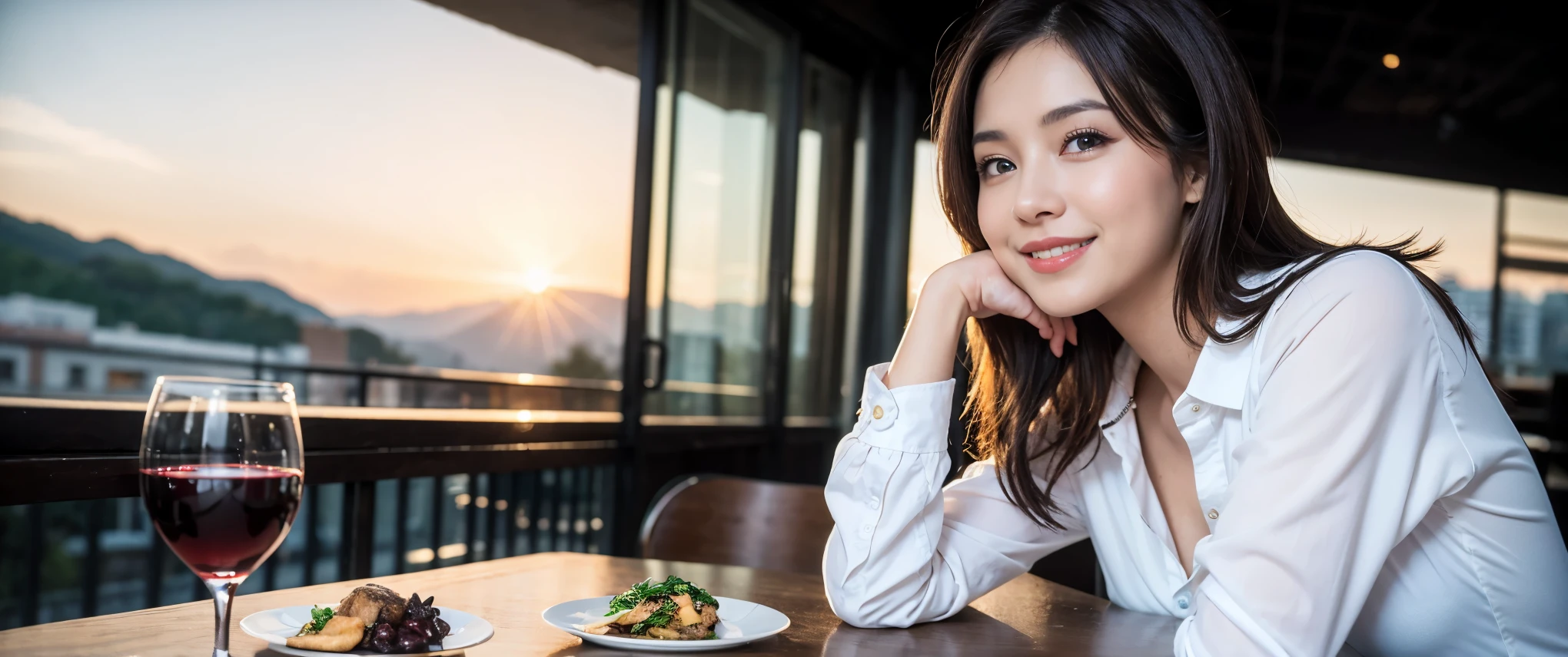 ((highest quality、8k、masterpiece:1.3))、1 male、1 female、Couple、spouse、Couple、Slim body、((Bob Hale、Straight hair:1.2)), (Realistic, Intricate details:1.2), Wine glass on the table、Shine light on your face、 Amazing view of the sunset sky and clouds、Amazing mountain views、A bright smile、The wonderfulness of smile、Bright image、The beauty of wine, Beautiful Face, blue eyes, The light shines on your face, Blushing, short hair,Bright Face、 (Age 37), 39 years old, red wine 、Appetizers、Italian food、Wine bottle、Champagne、sparkling wine、Two beauties、Brown Hair、Shortcuts、Long sleeve shirt、dress、Pretty Woman 1, (Slim face), (The body is slim), (Brown Hair), (Shortcuts), cheeks turn a little red,Attractive beauty、restaurant, In a prominent place (From the waist up) Nova Frog Style, actress, model, Upper Body, White wine, slim, wine glass, Wine glass placed in the center, smile, (smile: 1.15), Beautiful fine grain, Depth f/2,saturation, High Contrast, Strong light and shadow,Moist Body:1.5、3D texture、Delicate eyes、Brown Hair、The hair is very shiny、