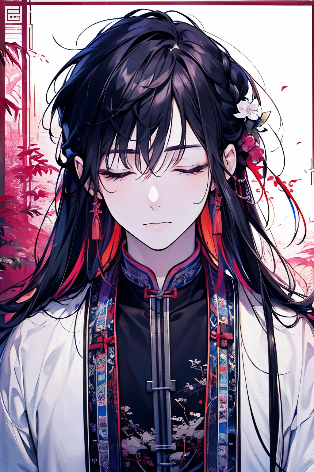 ((Male around 20 years old:1.2)),tazune rirei, masterpiece, best quality, braid hair, black hair,(portrait),((closed eyes)), white hanfu dress,In the bed, bokeh,(close mouth), perfect hands,sleeping time,((colorful)),(bedroom)