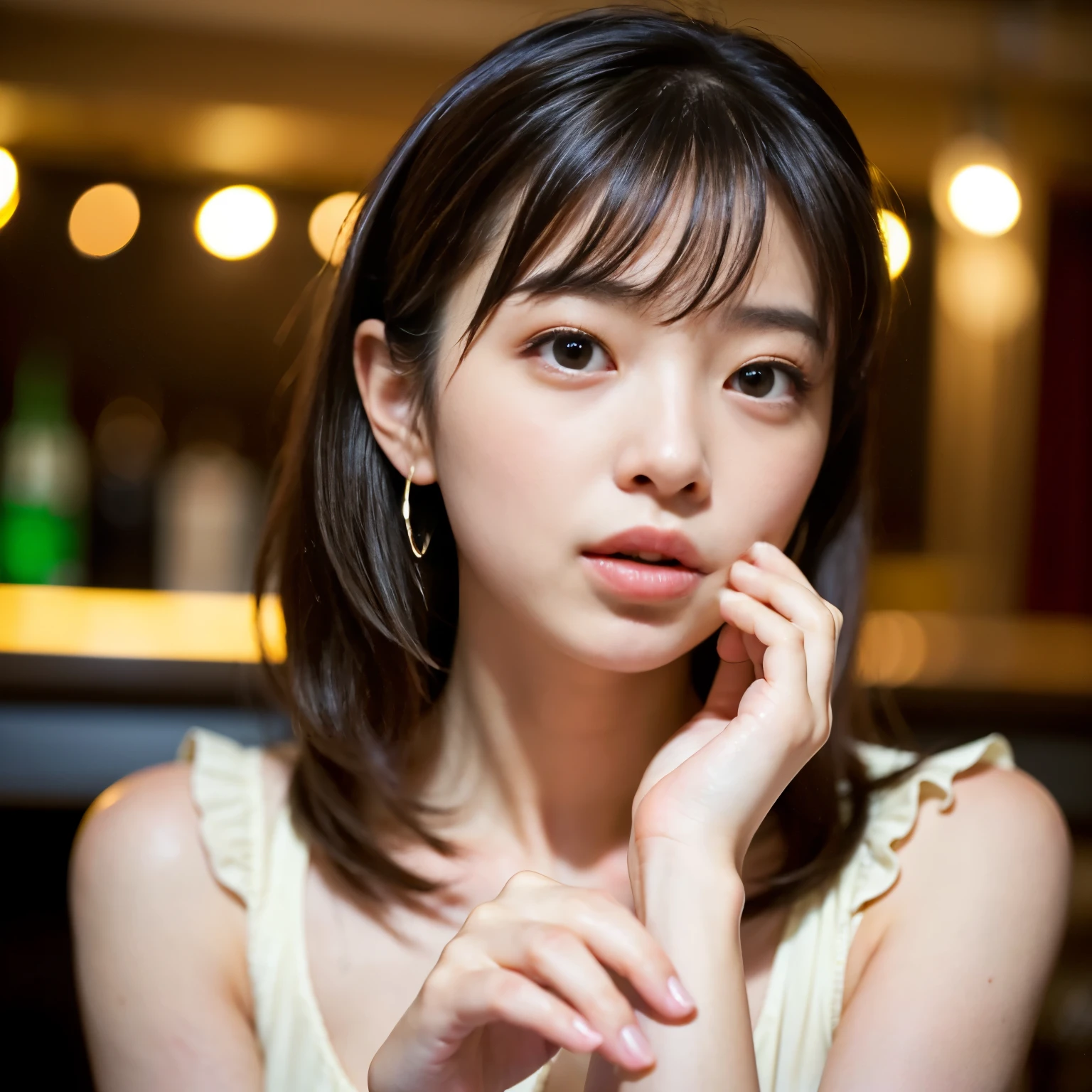 ((Best-quality, Masterpiece, Ultra-High-Resolution, (Photorealistic:1.4), Raw Photo, depth of field, professional lighting, perfect anatomy, extremely details, perfect drunken-face, perfect hair, perfect body, perfect hands, perfect fingers)), 1girl, 15-years-old, the most famous Japanese idol, having a lot of fun at drinking party, (extremely cute drunken-face, ((extremely cute and extremely big drunken-eyes)), extremely beautiful drunken-skins), extremely cute hair, extremely cute long-eyelashes, extremely cute lips, looking at viewer, detailed drinking-party
