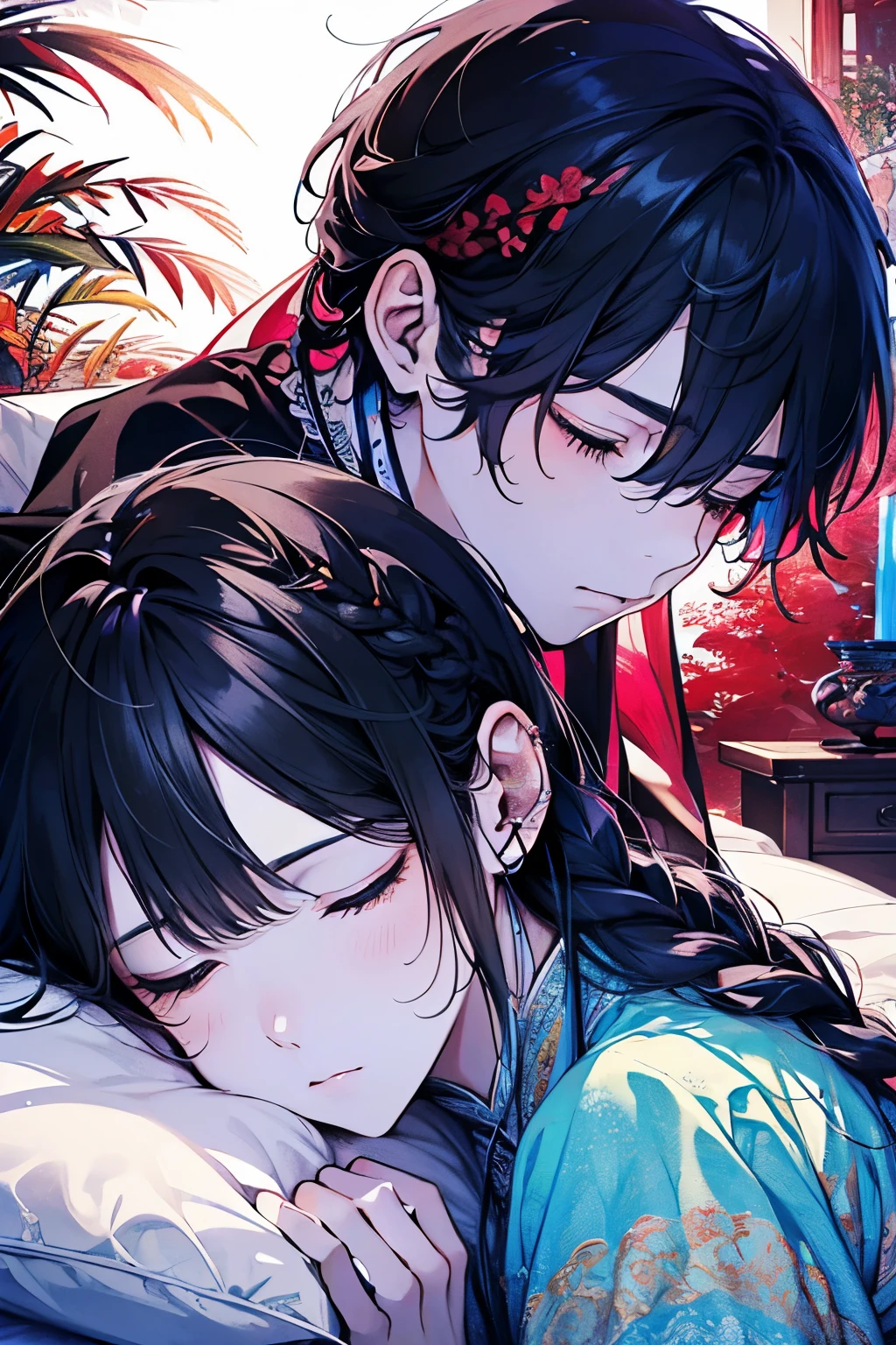 ((Male around 20 years old:1.2)),tazune rirei, masterpiece, best quality, braid hair, black hair,(portrait),((closed eyes)), white hanfu dress,In the bed, bokeh,(close mouth), perfect hands,sleeping time,((colorful)),(bedroom)