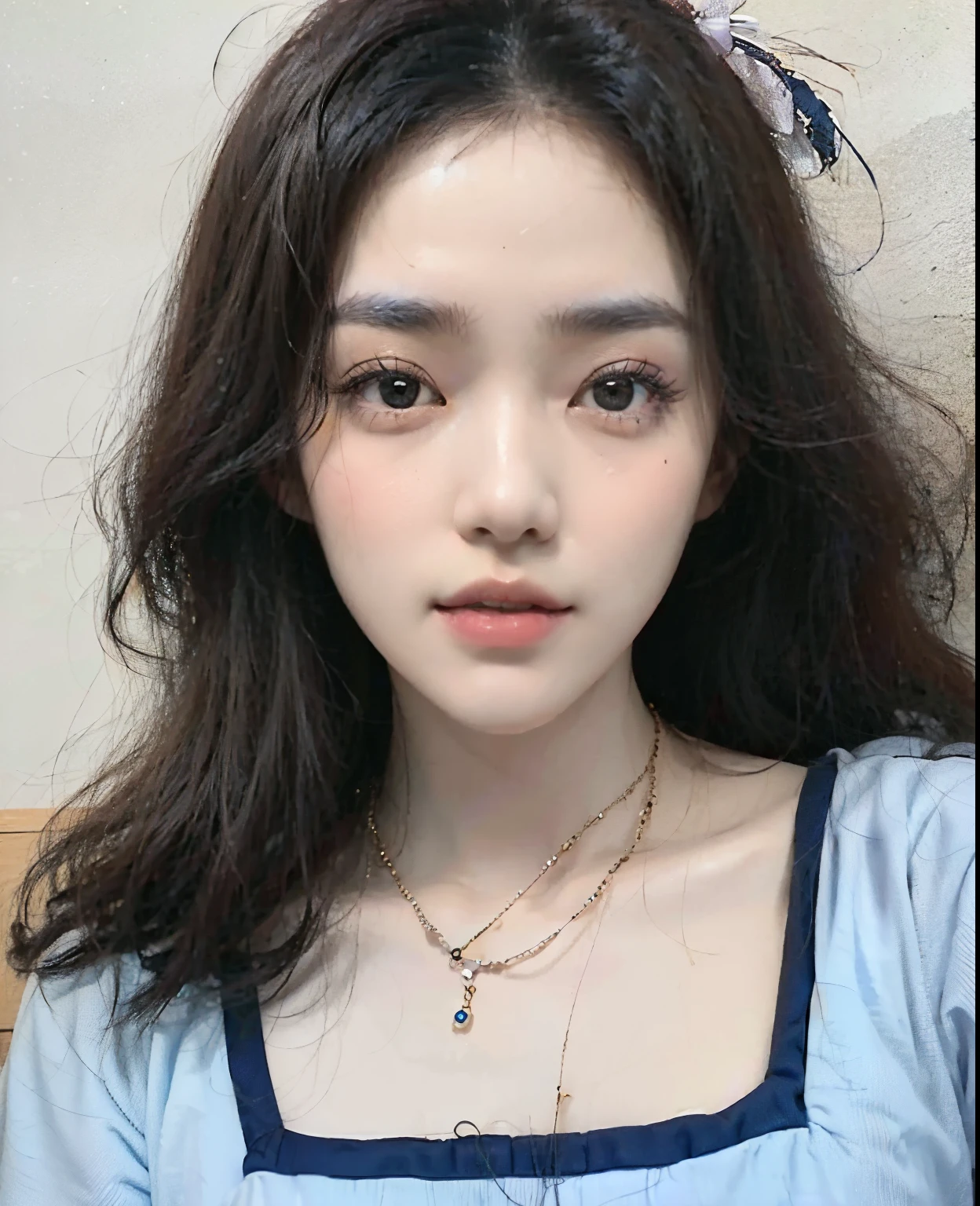 Close up of woman with long hair wearing blue shirt, 젊고 사랑스러운 korean 얼굴, Best Face, Jaeyeon Nam,  korean, korean symmetrical face, Korean facial features, maquiagem korean popular, Heonhwa Choi, Mulher sul-korean bonita, 귀엽고 사랑스러운 korean 얼굴, linda mulher korean jovem, maquiagem sul-korean popular, mulher korean jovem bonita