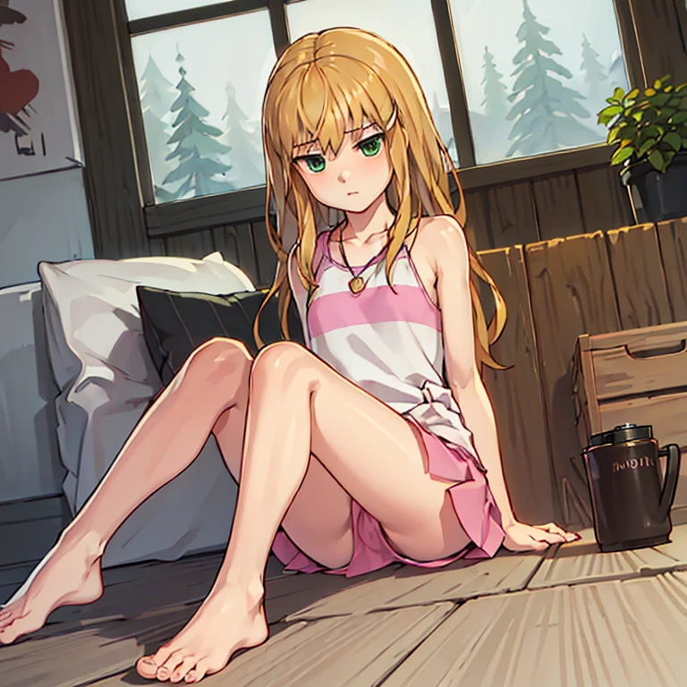lucy from chrono ark, indoors, room, on the bed, soft smile, solo, 1girl, soft smile, slender figure, slim, big head, young girl, short height, full cheeks, skinny, Sexy, Beautiful composition, beatiful face, handsome body (Body Full 1.1.), Beautiful figure, in full height (Body Full 1.1.), ((masterpiece)), best quality, high detailed illustration, high detailed background, hi-res, Digital Art, sexypose, flat chest, Young Girl(Body Full 1.1), (Green eyes:1.5), , pink hair, short hair, Beautiful figure, (Fullness of the body.1,1), Hair between the eyes, hairlong, straight hair, side locks, bangs, Asymmetrical Clothing, (Masterpiece:1.2), Best Quality, High Resolution, Unity 8k Wallpaper, (illustration:0.8), (beautiful detail eyes:1.6), extremely detailed face, perfect lighting, extremely detailed CGI, (perfect arms, perfect anatomy), epic composition, naked, looking at viewer, fullbody, full-body, bare legs, bare feet, blushing, shy, glistening skin, legs spread, feet soles, pink pussy, nipples, hand between legs