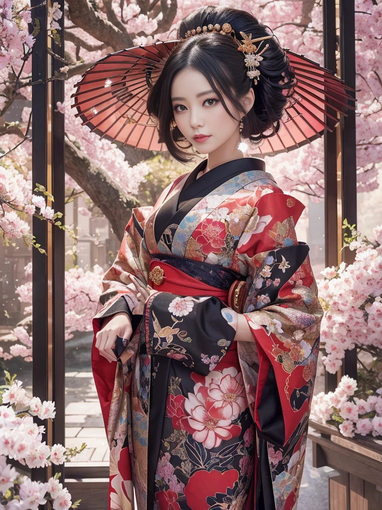 In a futuristic scene, Geisha in Japan with mechanical reinforcement、Elegant in elaborate gardens. She has beautifully detailed eyes and lips that complement her face. Geishas wear traditional kimonos with intricate patterns and designs. Around her are bright cherry trees and a quiet carp pond. The scene is painted with a blend of illustration and photorealism, Ultra-detailed brush strokes and clarity, Vivid colors. Lighting emphasizes the elegant features of the geisha, Gives her porcelain skin a soft glow. Artwork is of the highest quality, 4K or 8K resolution, Showcase the intricate details of geisha attire, cherry trees, And the shimmering scales of carp. The overall color scheme is、It is a combination of traditional shades of Japan, Crimson, etc., blacks, and subtle gold accents, With a futuristic twist. The fusion of ancient traditions and modern technology is、Create captivating and visually striking masterpieces.shoulders are exposed, Chest is visible、You can see the valley、are visible、Shoulders exposed、Chest revealed、(shoulders are exposed), Chest is visible、You can see the valley、are visible、Shoulders exposed、Chest revealed、(Off-shoulder style)