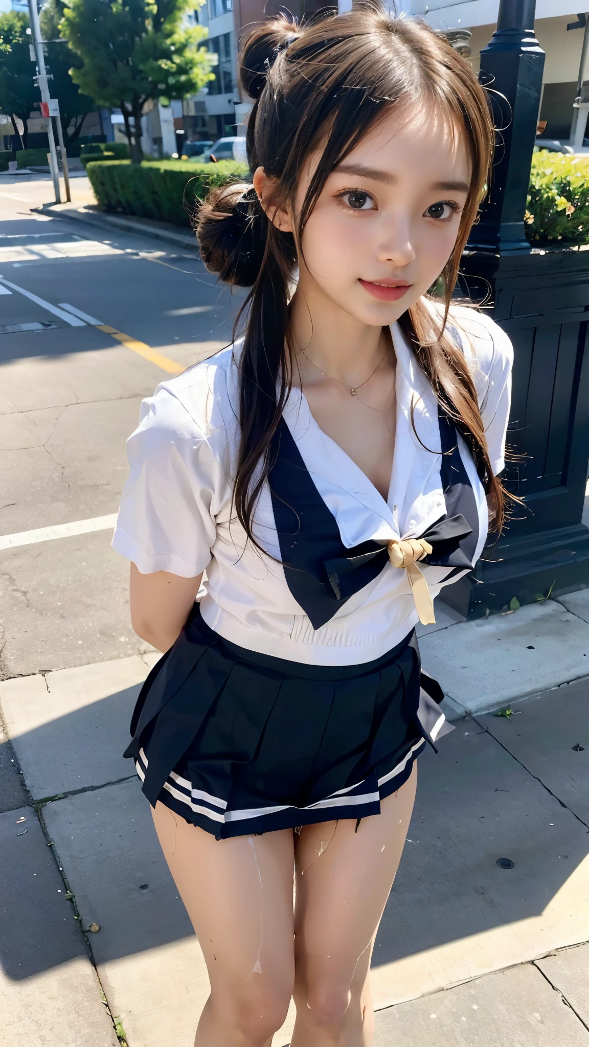 (((Sailor suit, mini skirt))), ((The body of a 14-year-old beautiful girl)), Hair, Smooth and shiny hair, (Twin bun hairstyle:1.3), (Beautiful Skin), (Slender body line), , delicate, 8th life, Medium breast, (Perfect Anatomy:1.4), (Detailed eyes and face:1.2), (Detailed hands and legs:1.2), ((highest quality, 8K, masterpiece)), View the viewer, (Ready for public sex:1.8)